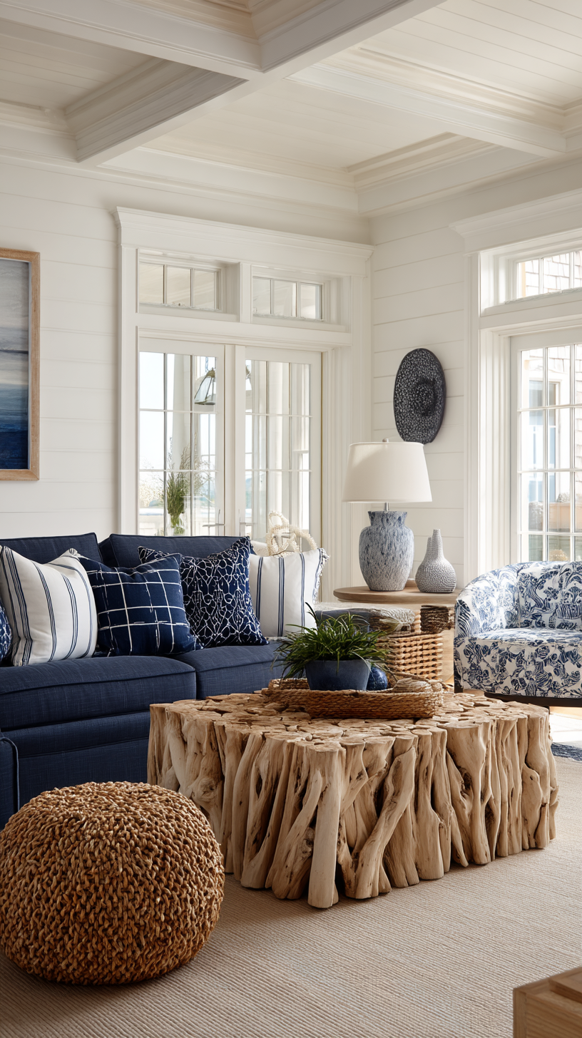 coastal chic interior design living room with large driftwood table rattan ottoman navy sofa patterned chair whitewashed walls navy accents