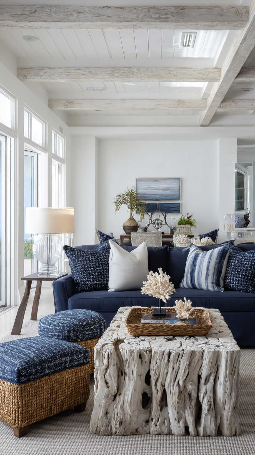coastal chic interior design living room with large weathered driftwood table cloth covered rattan ottoman navy sofa whitewashed beamed ceiling navy accents