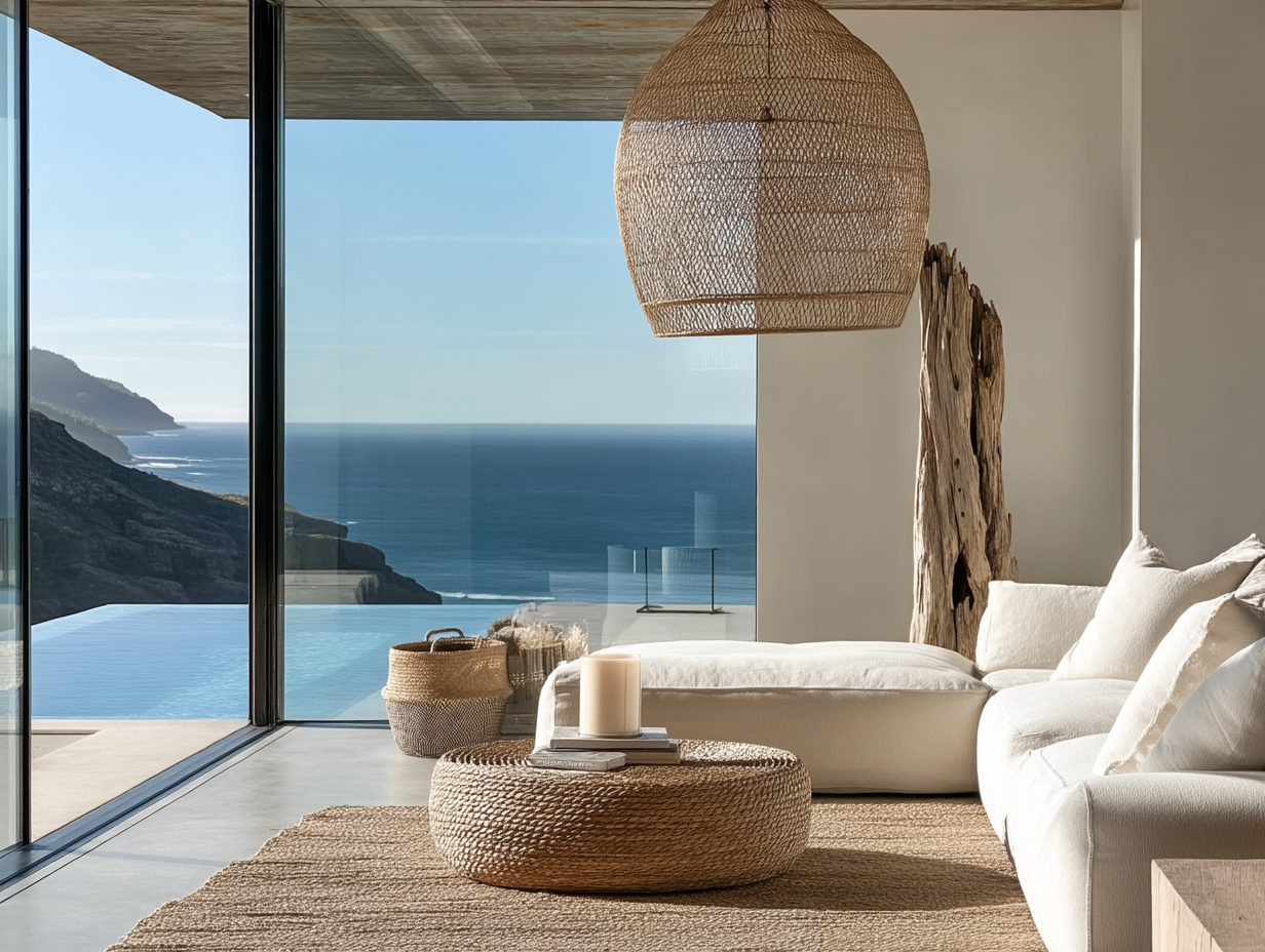 serene coastal living room panoramic ocean view full height glass windows natural light flooding in