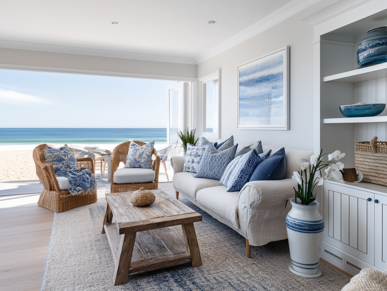 coastal inspired open concept living space with breezy decor and natural light