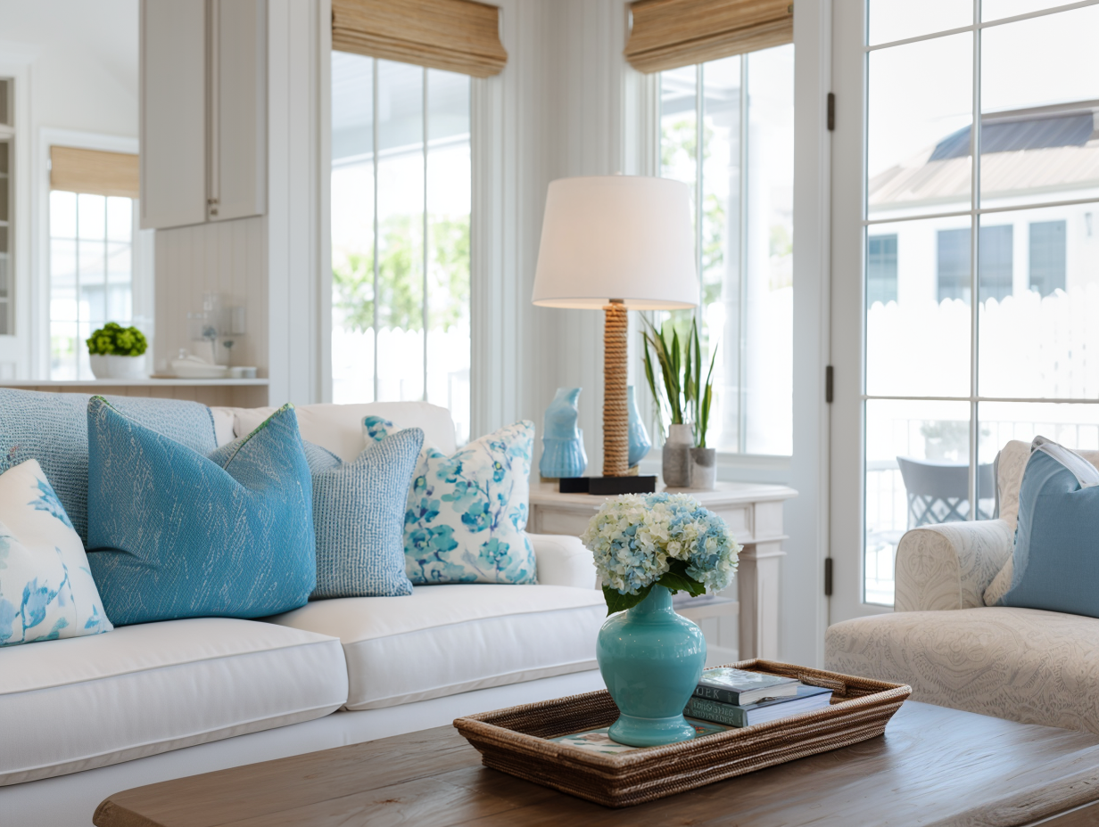 coast inspired open concept living space with white linen covered sofas table and natural light