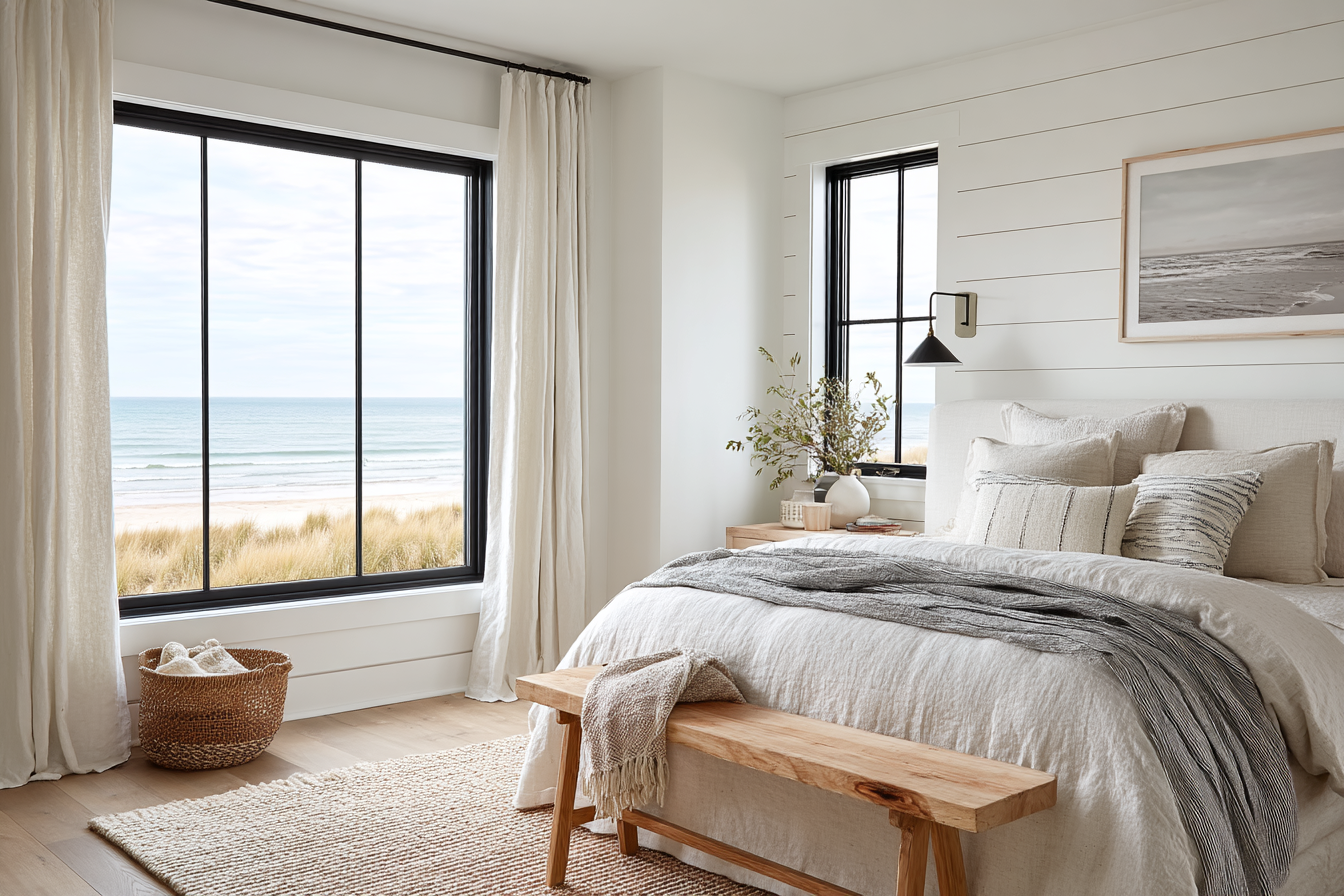 modern coastal bedroom with expansive ocean view window soft blue walls and natural textures