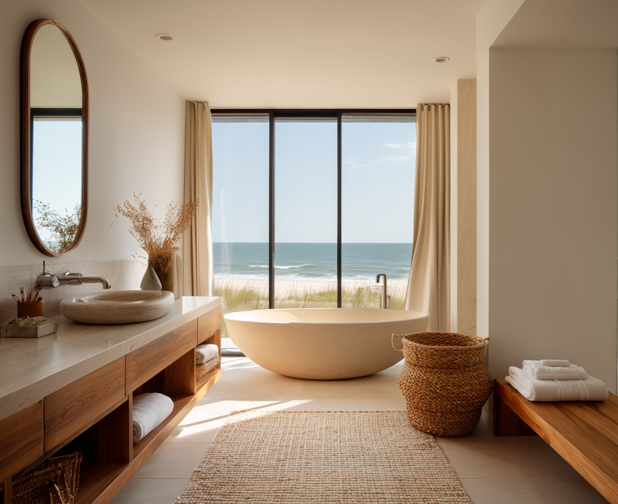 a modern bathroom large vanity oval freestanding bathtub wooden bench beige floor to ceiling window overlooking the beach