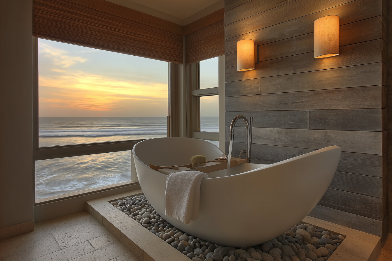 a modern bathroom oval freestanding bathtub wooden bath tray beige floor to ceiling window overlooking the beach