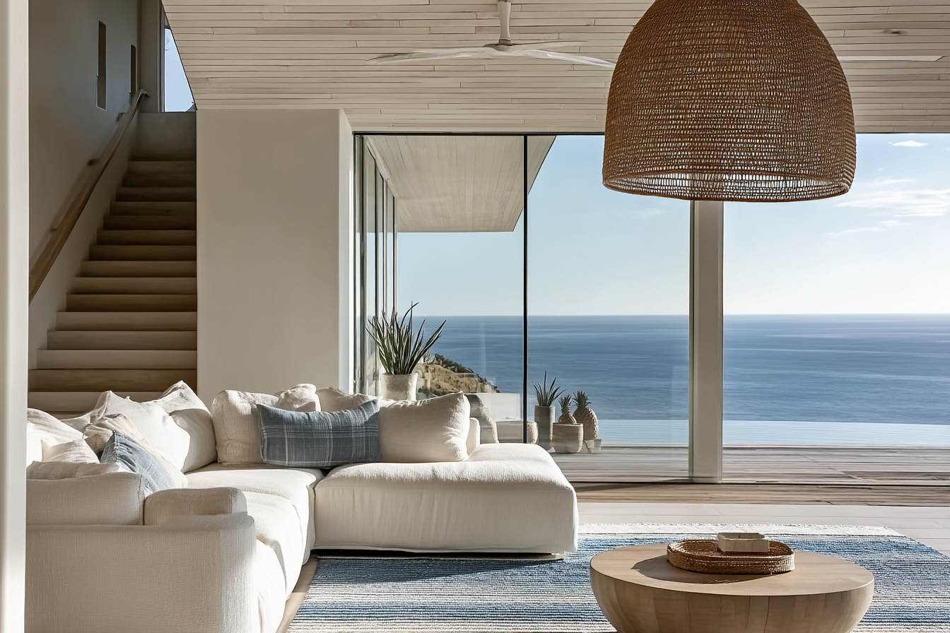 modern australian coastal home interior with open floor plan ocean views and coastal inspired furnishings