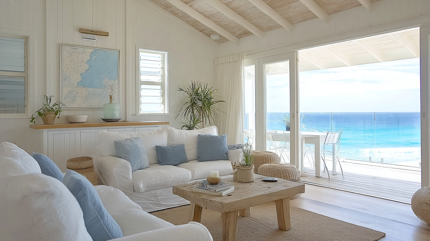 Dreamy modern Australian beach house interior featuring sunlit open-concept living, panoramic ocean views, and relaxed coastal furnishings for effortless seaside luxury