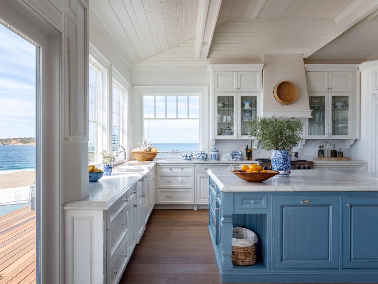 A dreamy coastal kitchen with crisp white cabinets, a bold blue island, and a sunlit window framing ocean views