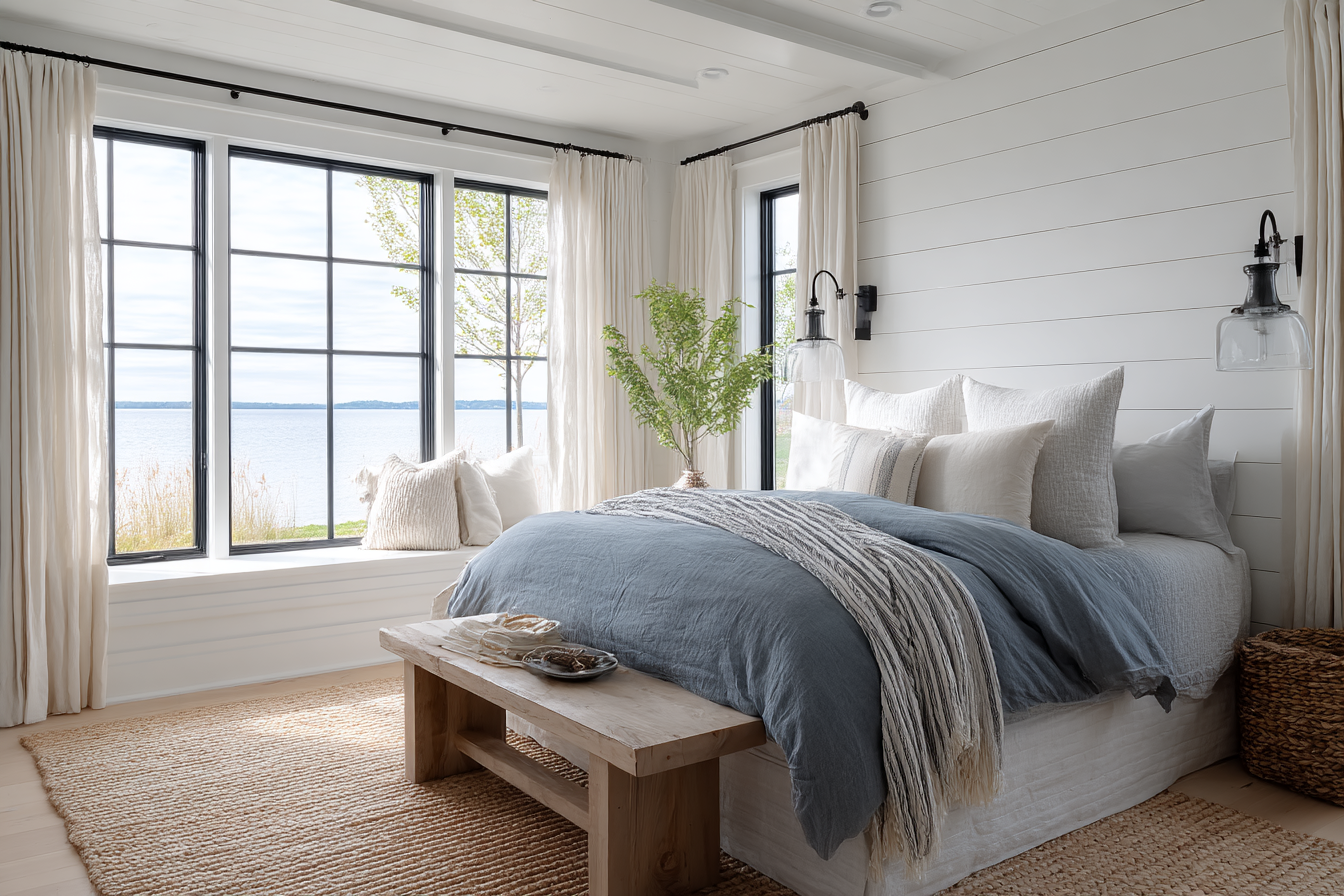 Sunlit modern coastal bedroom featuring crisp white shiplap walls, bold black-trimmed windows, and dreamy pastel blue bedding for the ultimate seaside escape vibe