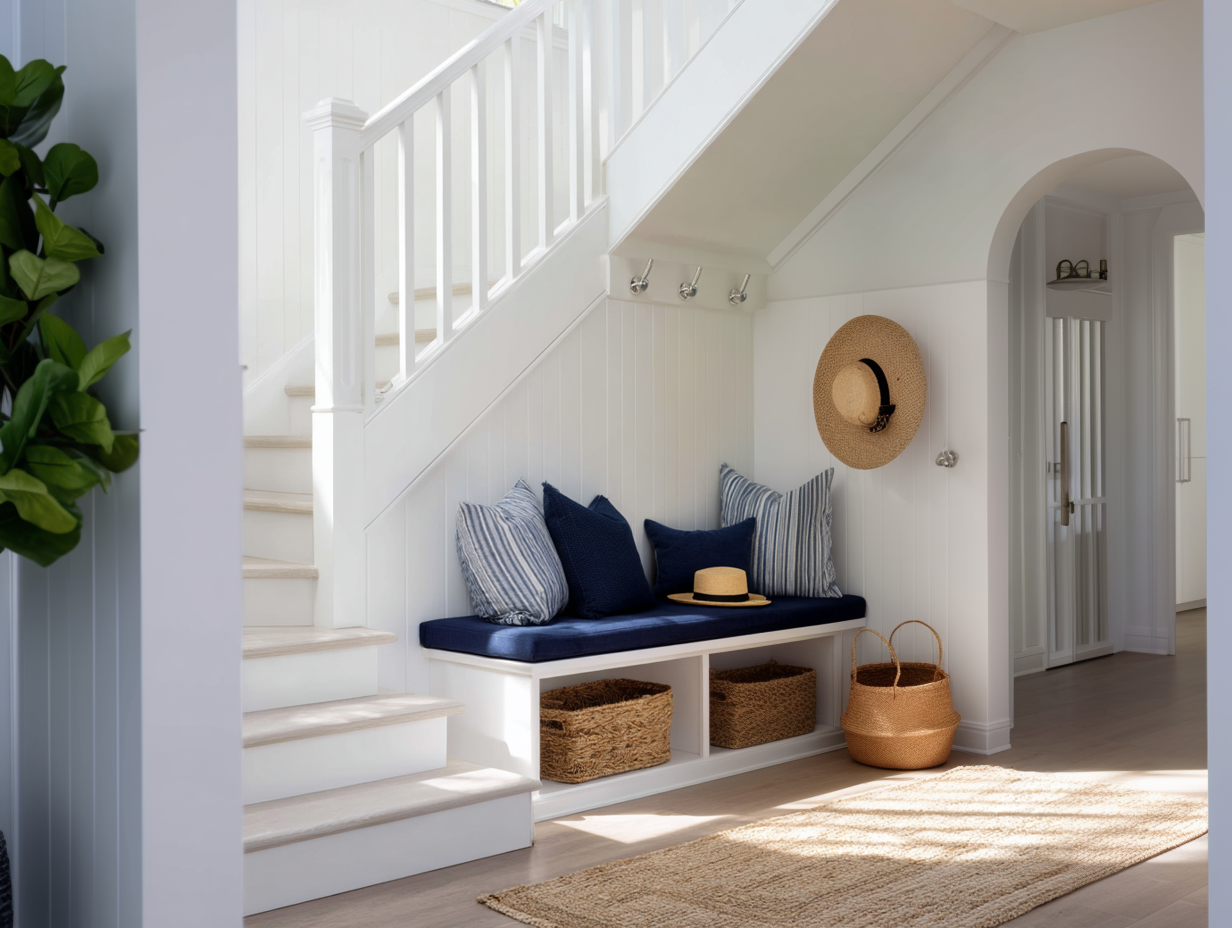 A coastal-style entryway with a white staircase, a centered bench featuring a navy blue cushion, and storage underneath