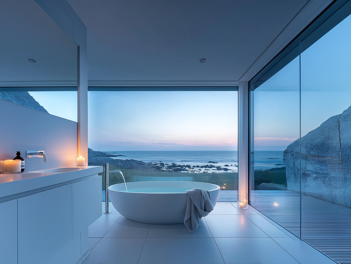 Luxury oceanfront bathroom featuring a sculptural freestanding tub, floor-to-ceiling windows framing golden-hour coastal views, and ultimate twilight relaxation vibes