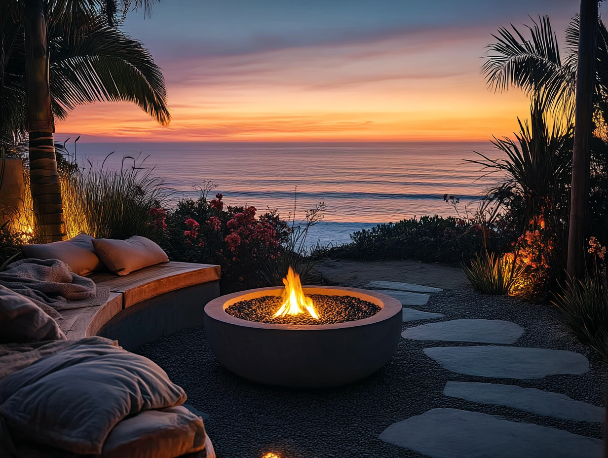 Sunset fire pit paradise coastal lounge with sweeping ocean views, golden-hour glow, and the perfect beachside vibe for summer nights