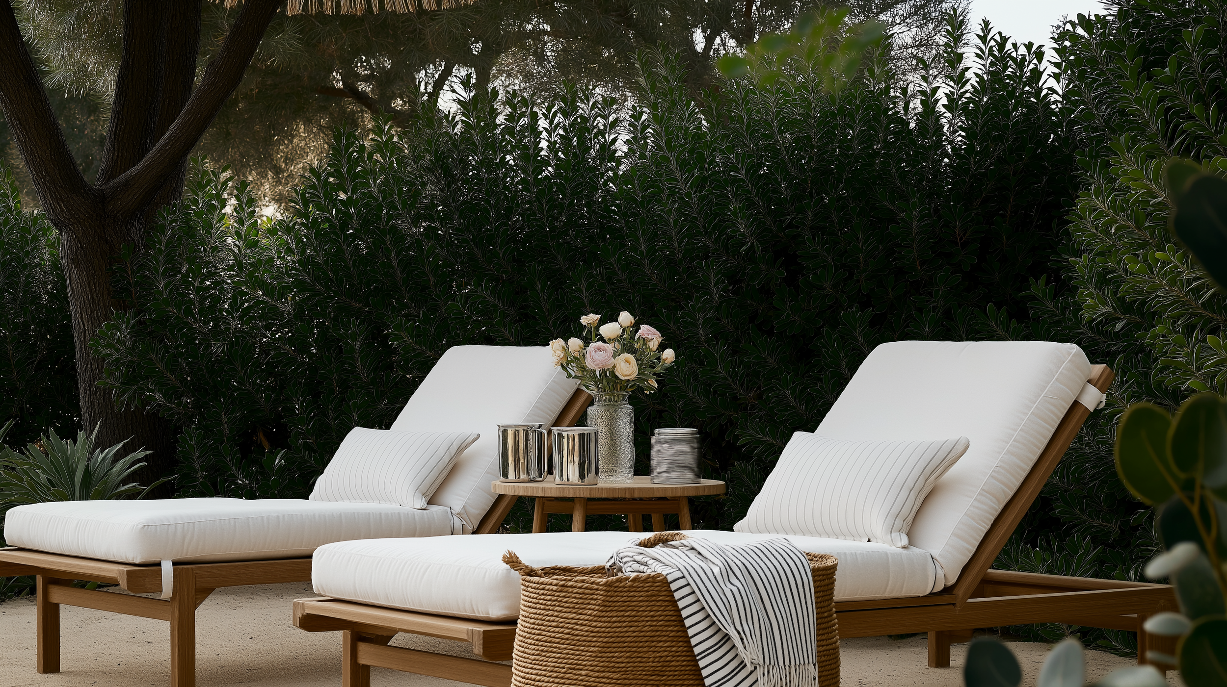 Elegant outdoor relaxation space with two teak-framed sun loungers featuring crisp white cushions and striped bolster pillows.