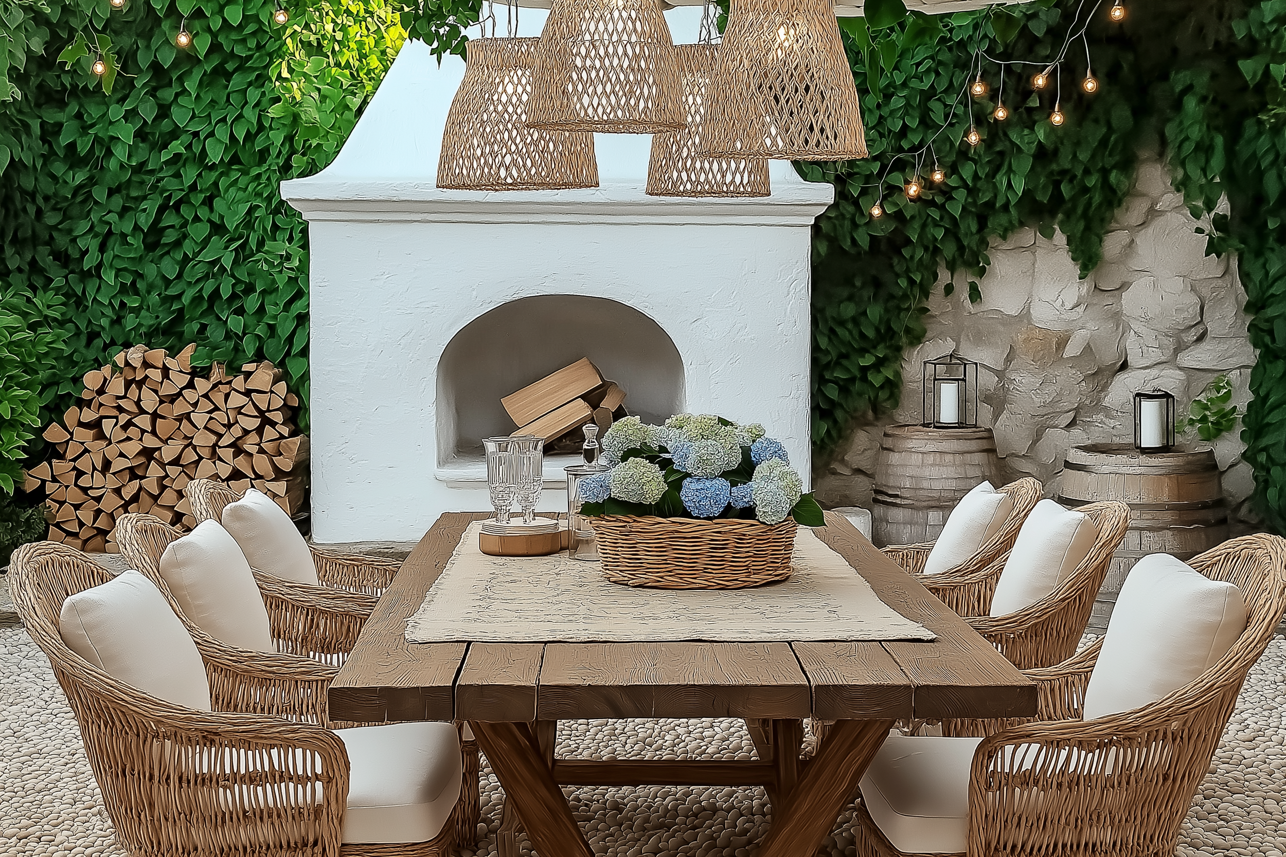 Mediterranean-style outdoor dining area bathed in warm natural light, featuring a rustic wooden dining table surrounded by elegant woven rattan chairs