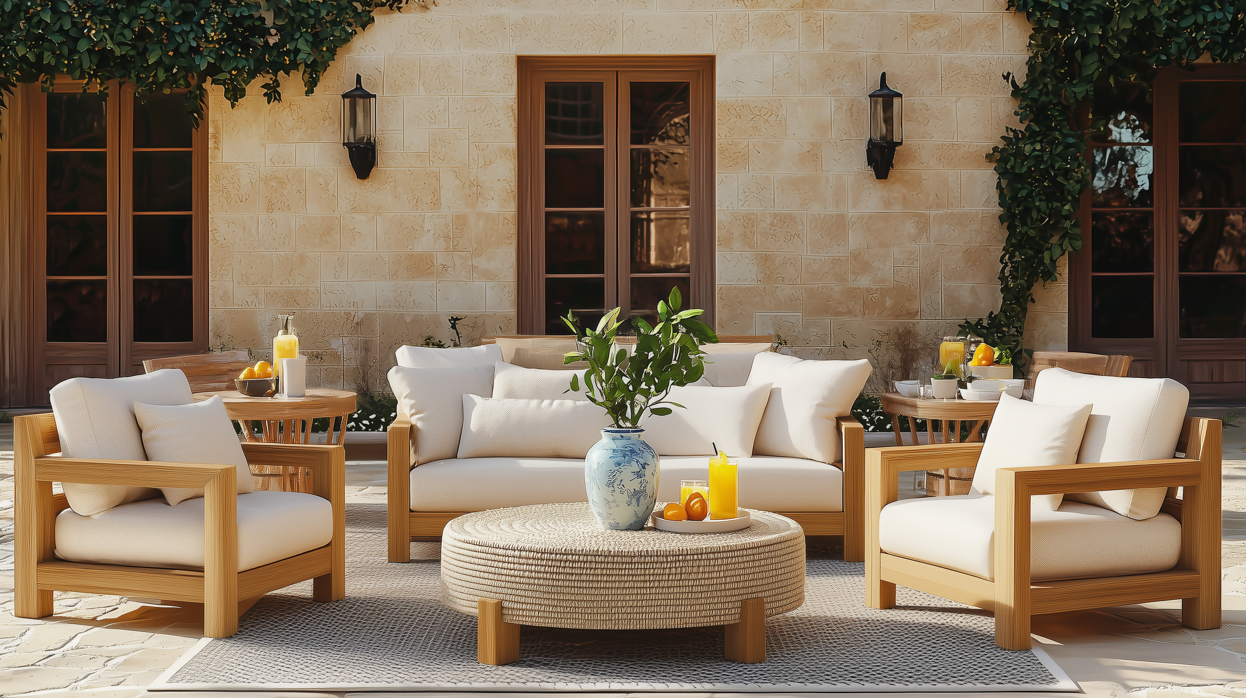 A sunlit Mediterranean-style outdoor seating area in a grand courtyard, featuring a sophisticated arrangement of teak wood armchairs and sofas with plush ivory cushions.