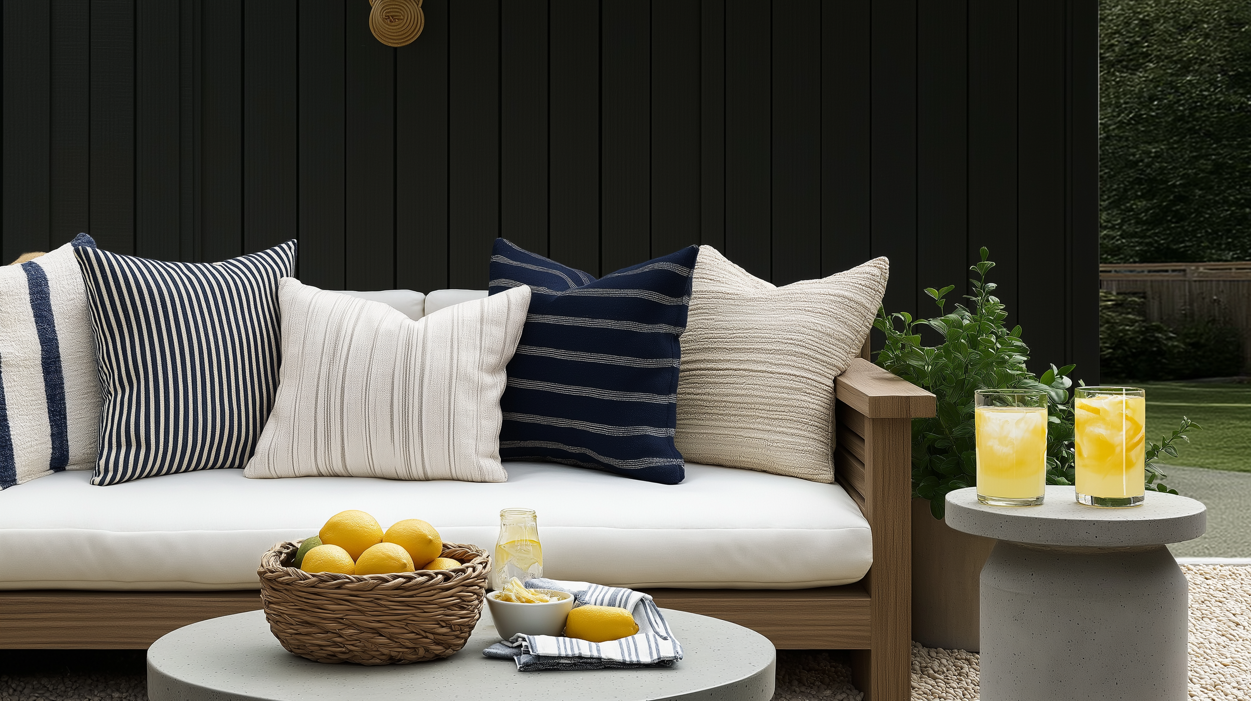 A beautifully styled outdoor patio featuring a white cushioned wooden sofa adorned with an assortment of textured throw pillows.