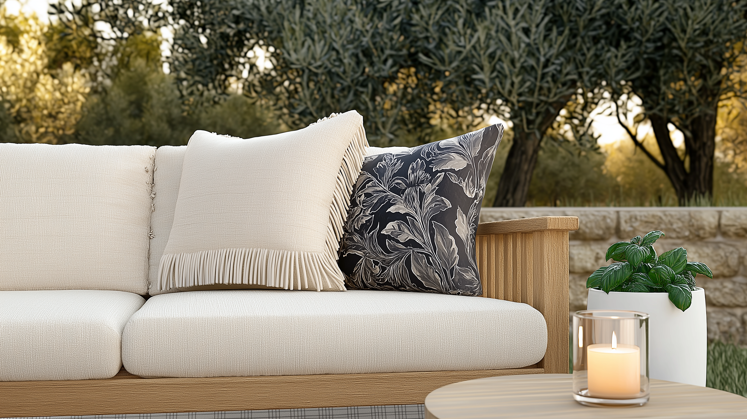 A cozy outdoor seating arrangement featuring a light-colored teak sofa with plush off-white cushions, accented by two decorative pillows: one soft beige with fringed edges and another deep charcoal with an elegant botanical print.