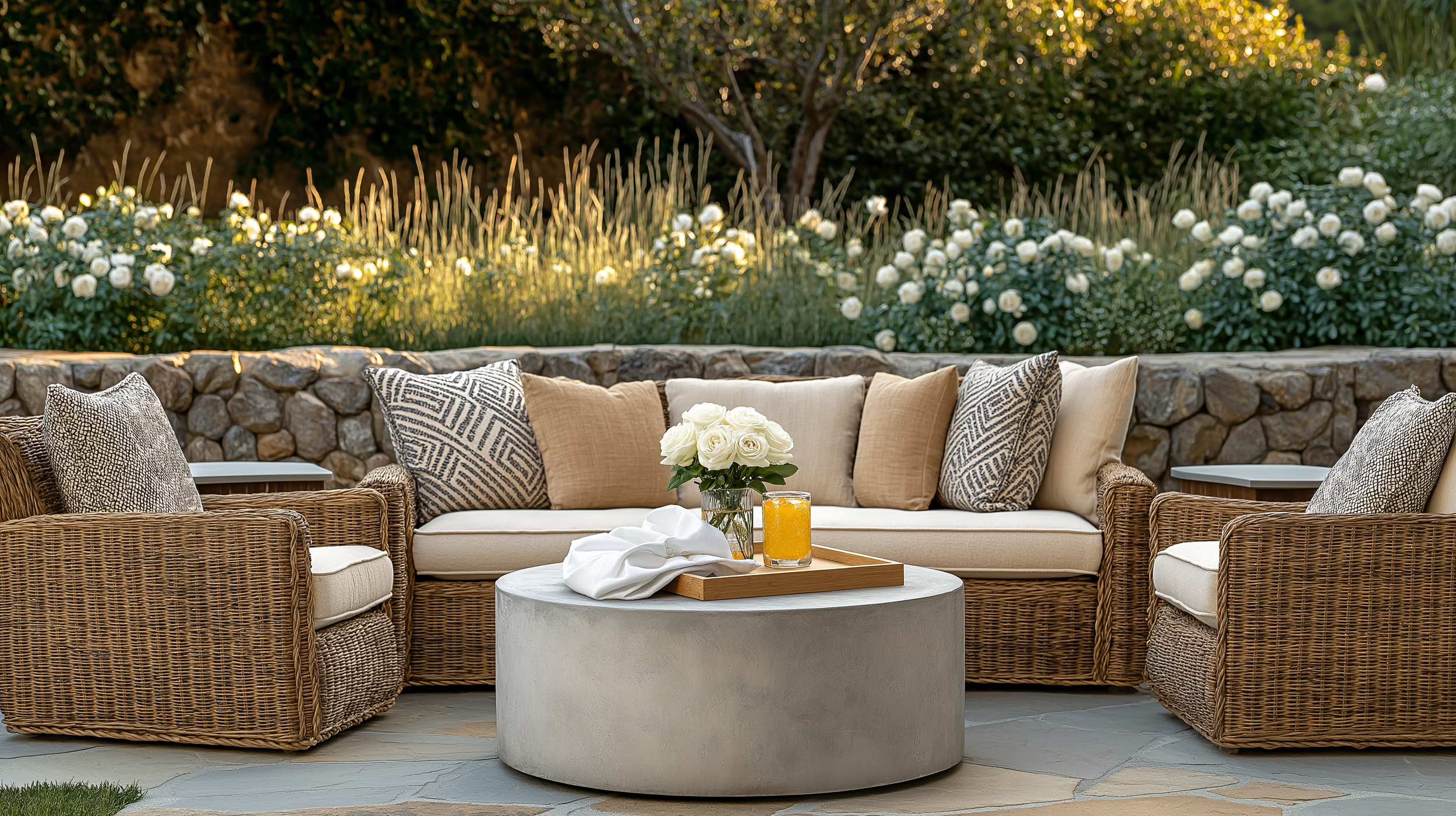 A luxurious outdoor seating area with a cozy wicker sofa and matching armchairs, all adorned with soft, neutral cushions and patterned throw pillows. A textured round concrete coffee table sits at the center.
