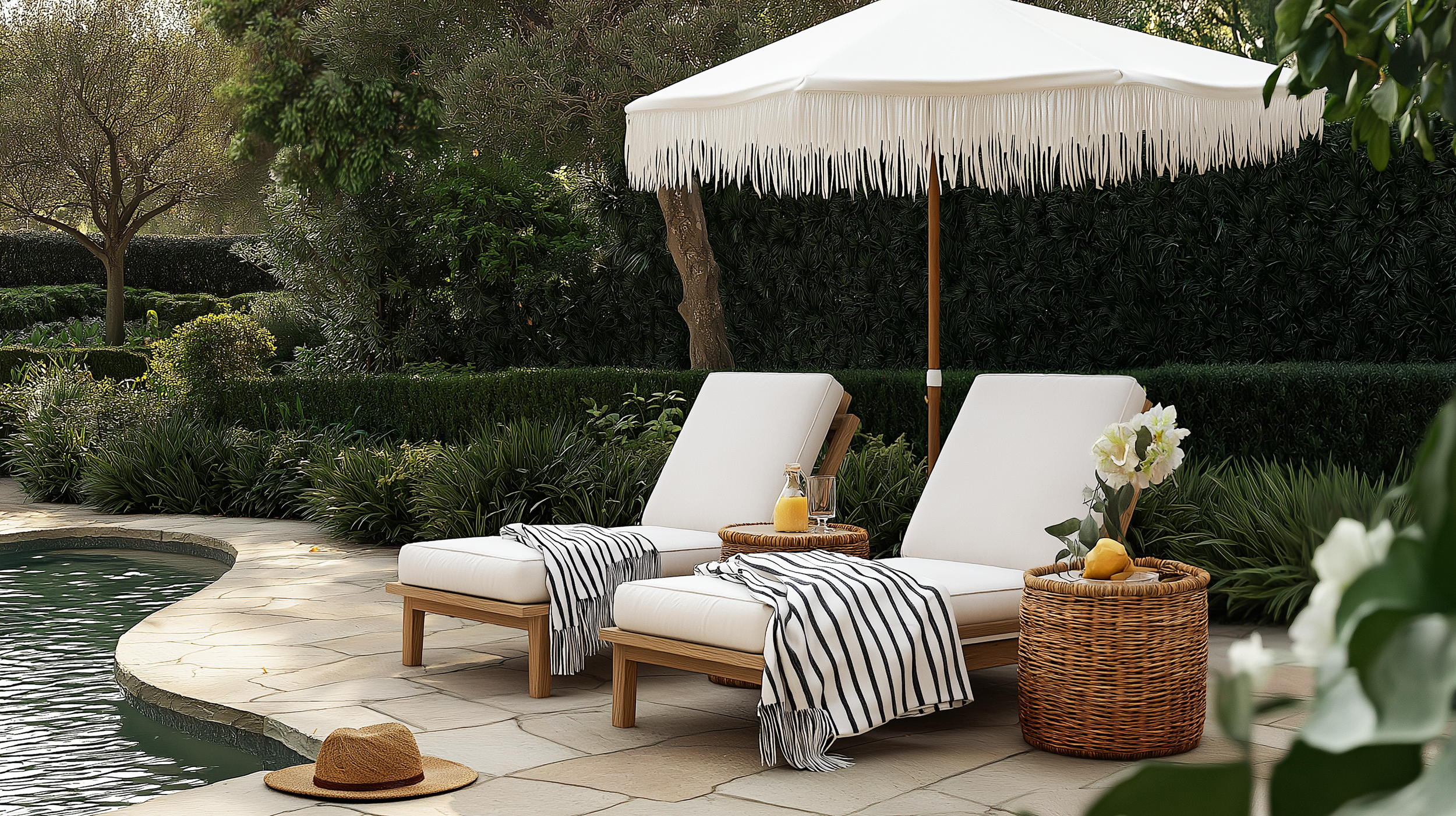 serene outdoor living space with poolside retreat featuring a pair of elegant wooden sun loungers with plush white cushions, positioned on a natural stone patio.