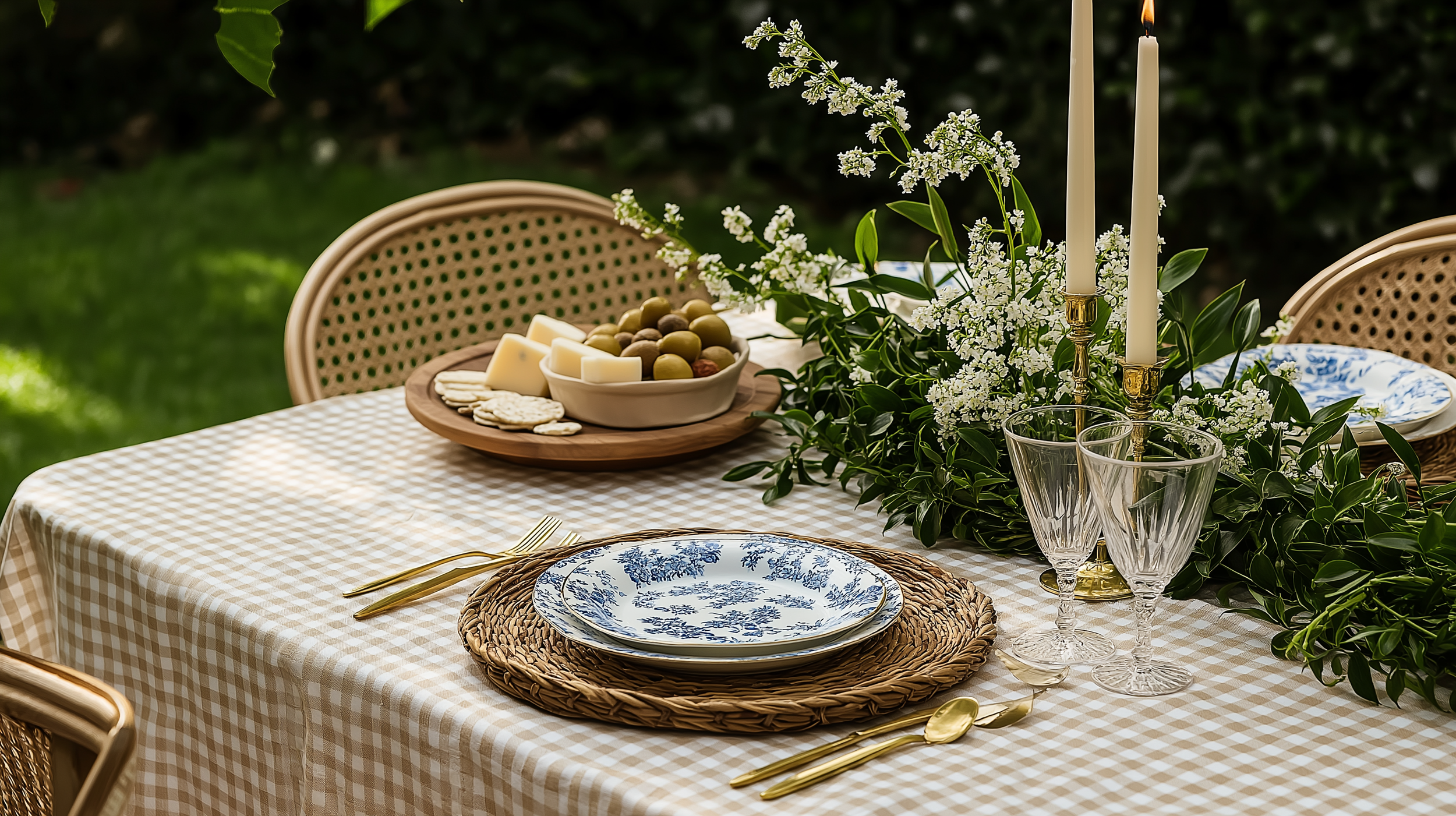 A beautifully set outdoor dining table in a lush green garden, styled for an elegant evening gathering. A soft, beige gingham tablecloth drapes over the rustic wooden table.