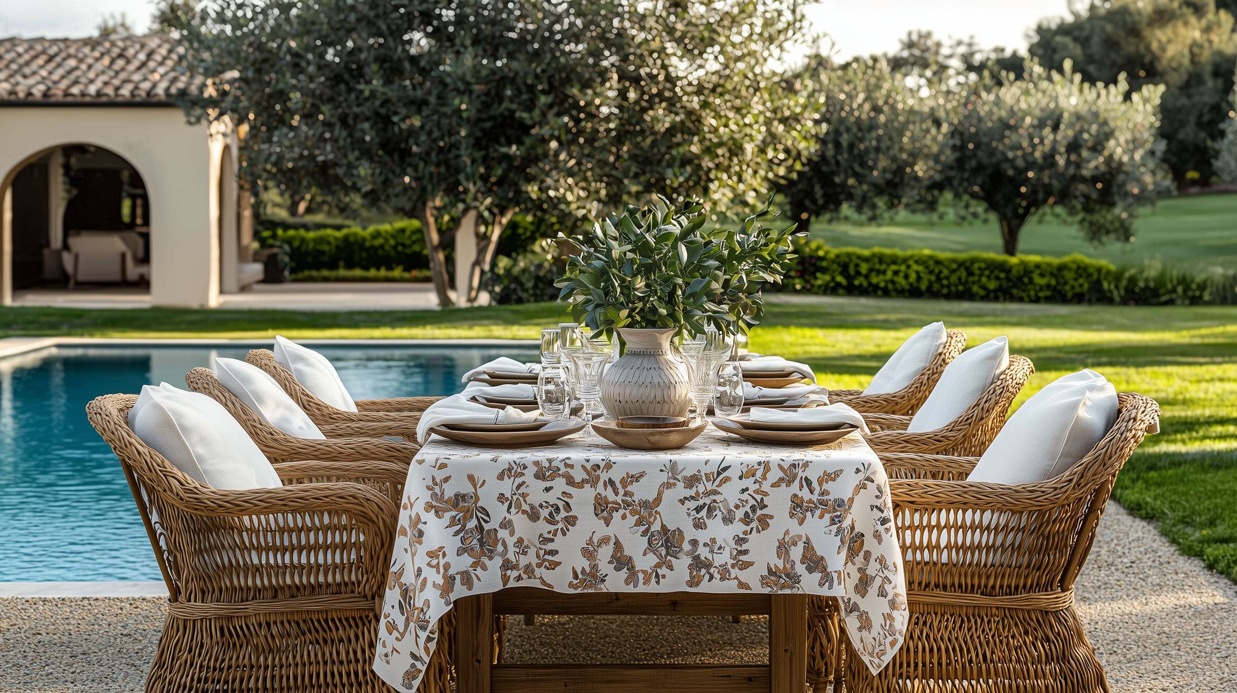 A serene outdoor dining setup by a luxurious swimming pool, featuring a rustic wooden table draped with an elegant floral-patterned linen tablecloth.