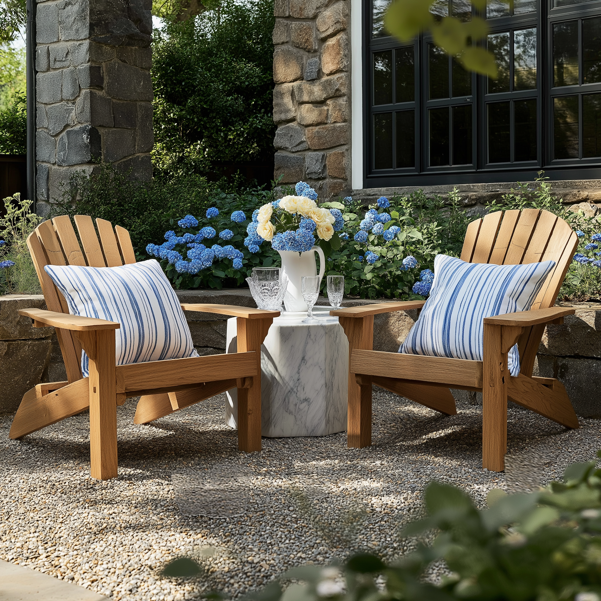 A tranquil outdoor seating arrangement with two natural teak Adirondack chairs, each adorned with soft, striped blue and white lumbar pillows. The chairs are positioned on a gravel patio, surrounded by lush greenery and blooming blue flowers.