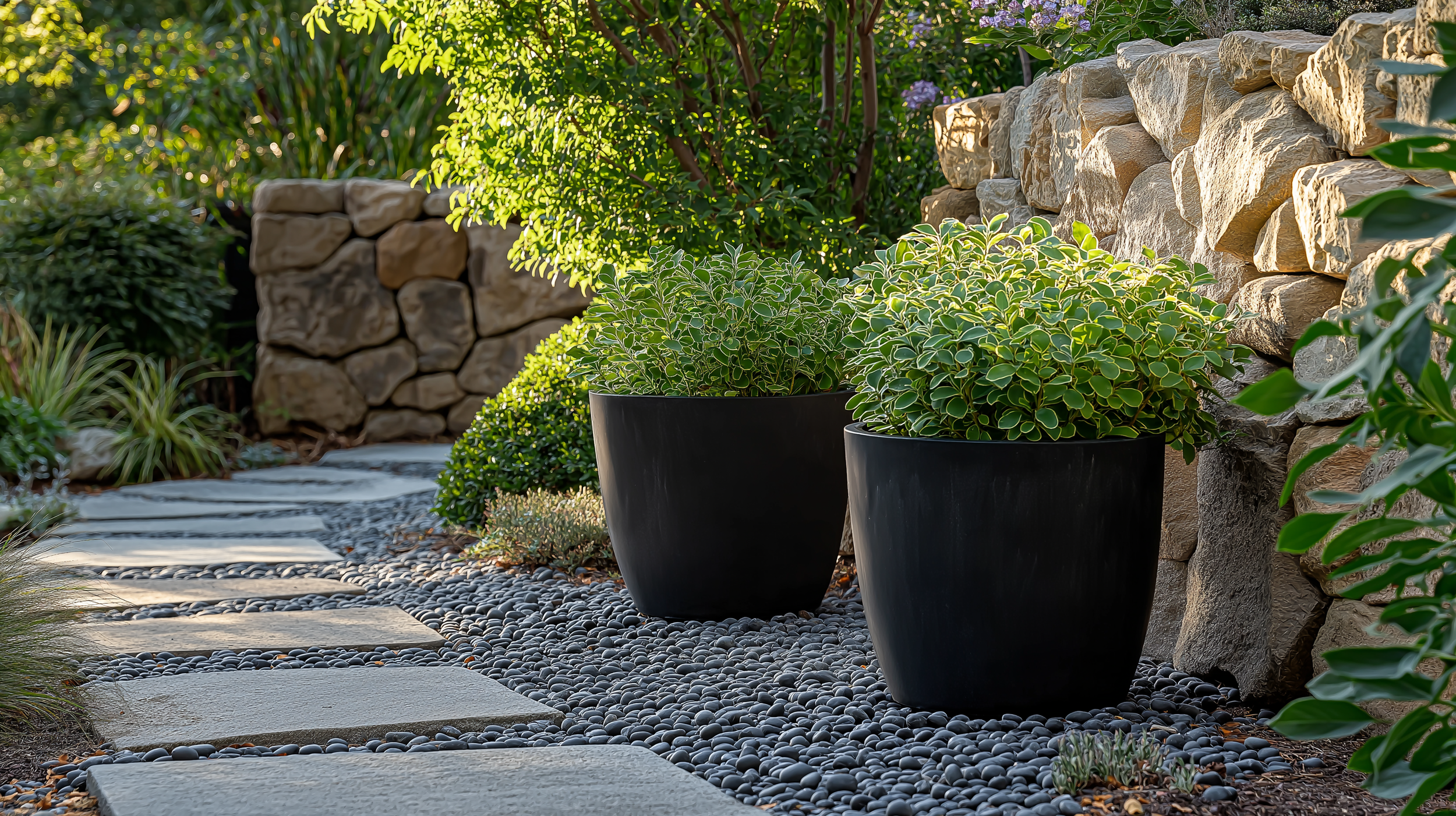 A tranquil garden scene featuring two elegant black metal planters filled with lush greenery and delicate flowering plants. The planters rest on a natural gravel pathway lined with stepping stones. 