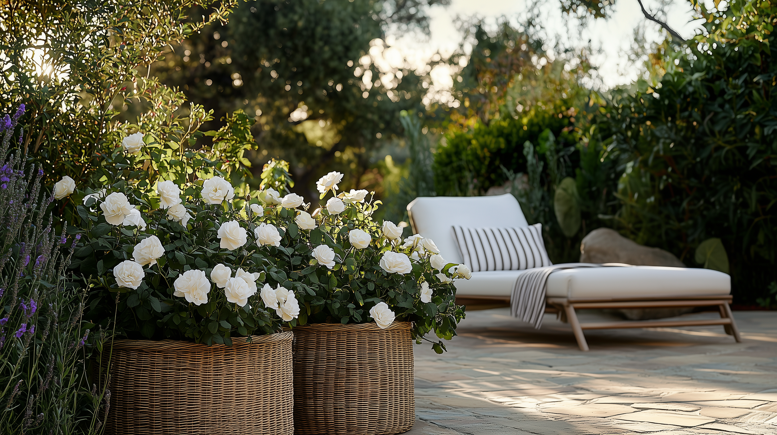 A serene outdoor garden scene with lush greenery and elegant rattan planters filled with vibrant white roses and aromatic lavender. A sleek wooden sun lounger with crisp white cushions and a striped bolster pillow.
