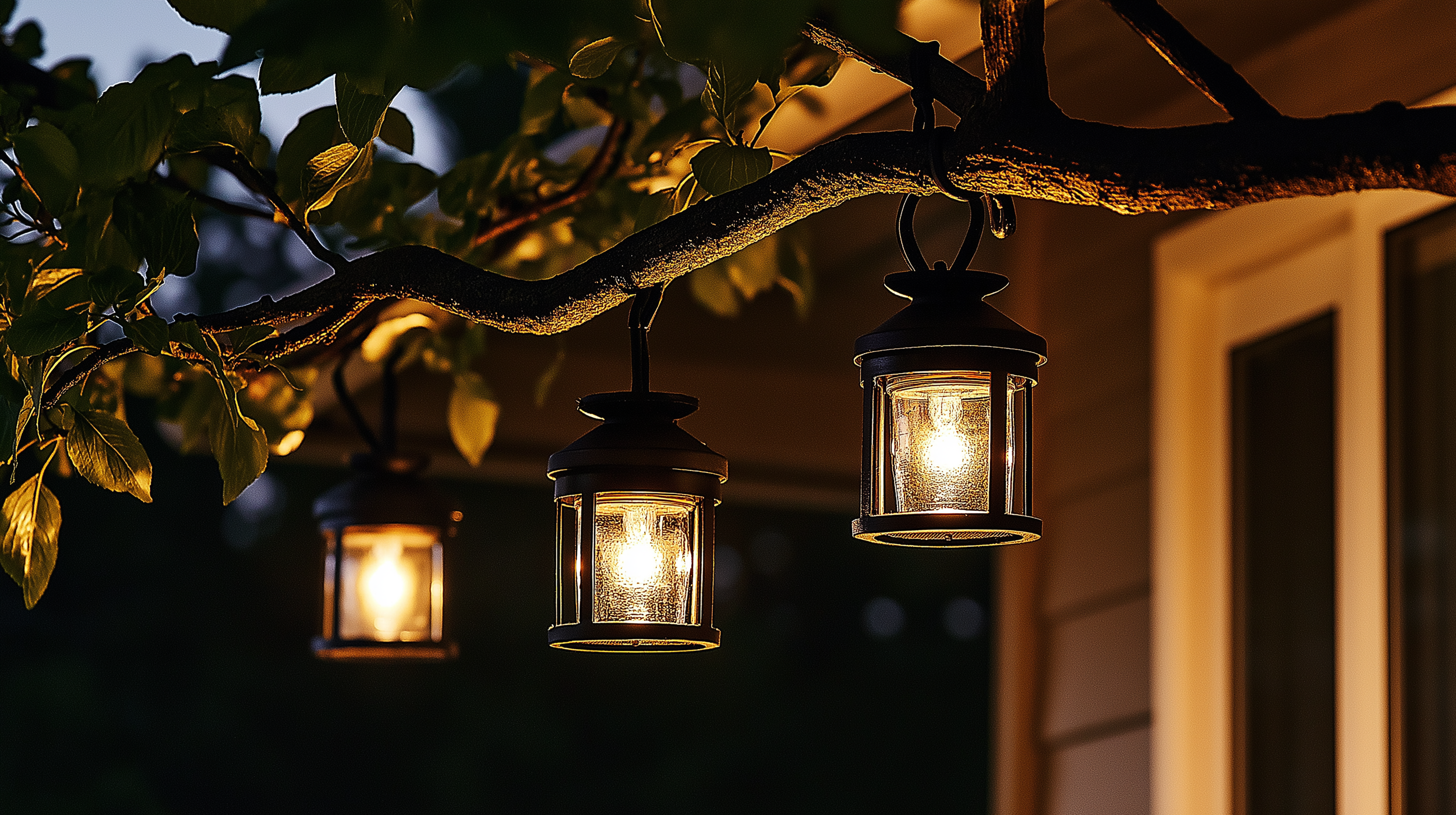 Three outdoor solar lanterns with black metal frames and glass panels hanging from tree branches, casting a warm glow against the evening sky. The soft ambient lighting creates a cozy and enchanting outdoor atmosphere.