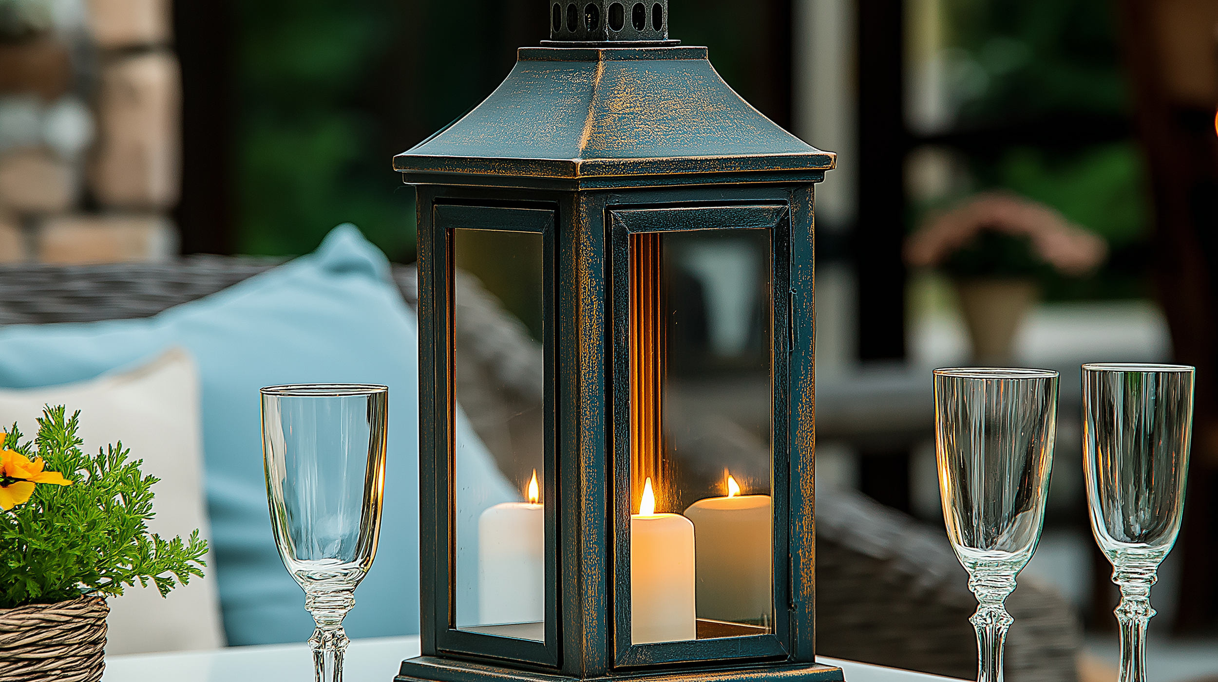 Vintage-style metal lantern with a weathered finish, featuring glass panels and glowing pillar candles inside. Placed on an outdoor table with two elegant glass goblets, a woven basket with greenery, and soft blue and white cushions in the background
