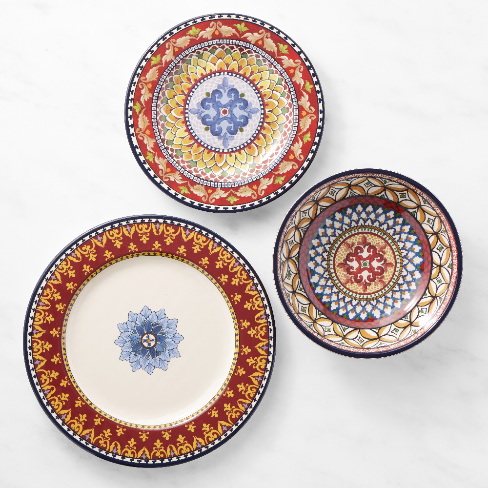 Set of three melamine dinnerware pieces featuring intricate Sicilian-inspired patterns in rich red, blue, and gold tones. Each plate has ornate details with floral and geometric motifs, adding a Mediterranean touch to outdoor dining.