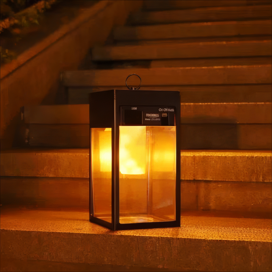 Modern black solar-powered lantern with a flame-effect glow, placed on outdoor steps at night. The sleek design features glass panels and a built-in handle, casting a warm, flickering light that enhances the ambiance of the space.