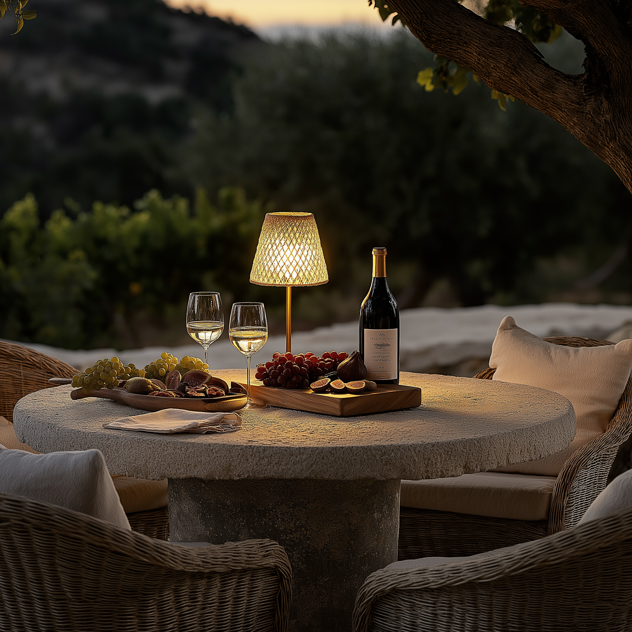 A rustic outdoor dining setting at dusk, featuring a round stone table adorned with a table lamp, a bottle of white wine and two glasses.