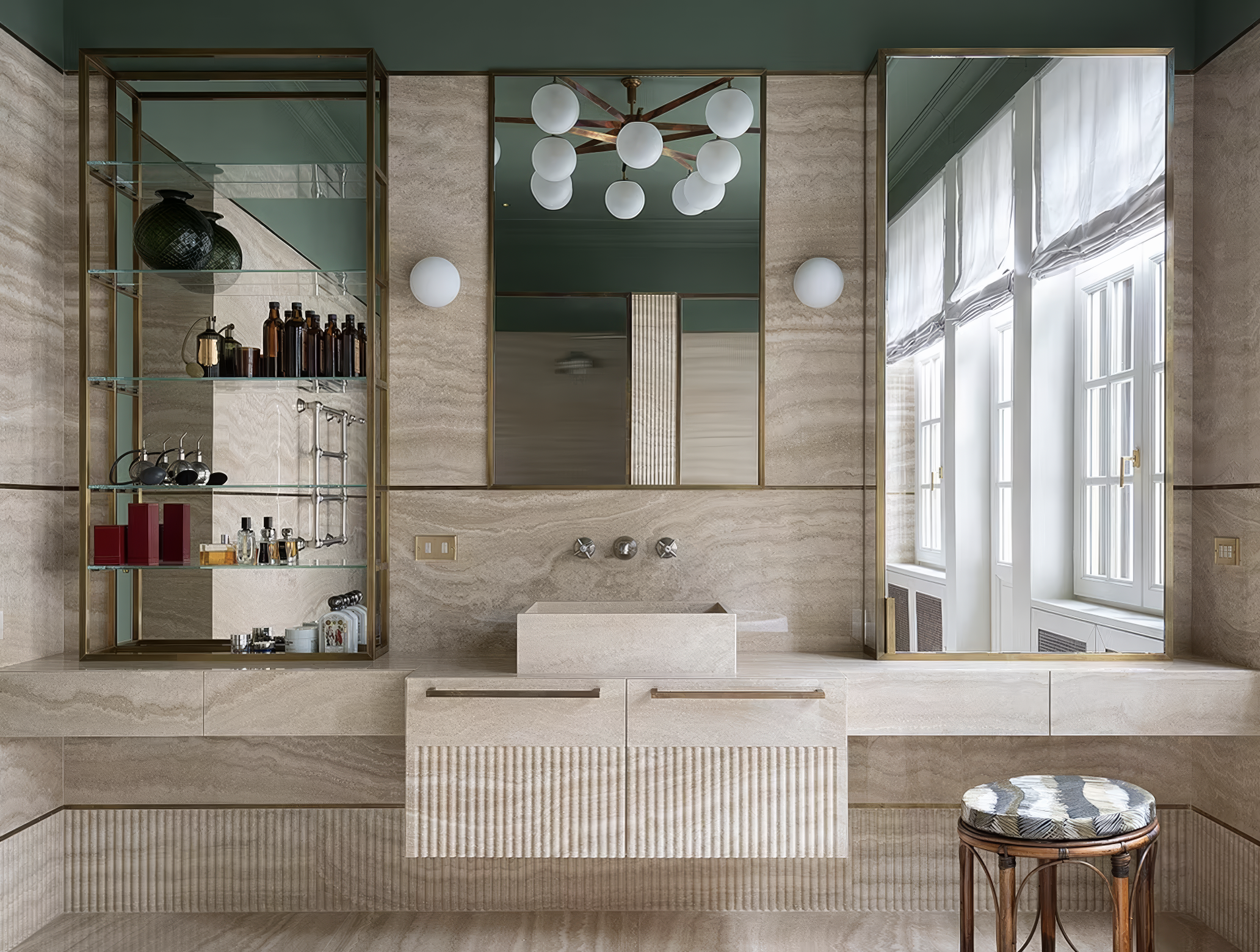 Bathroom with floating vanity, tall mirrors, and glass shelving.
