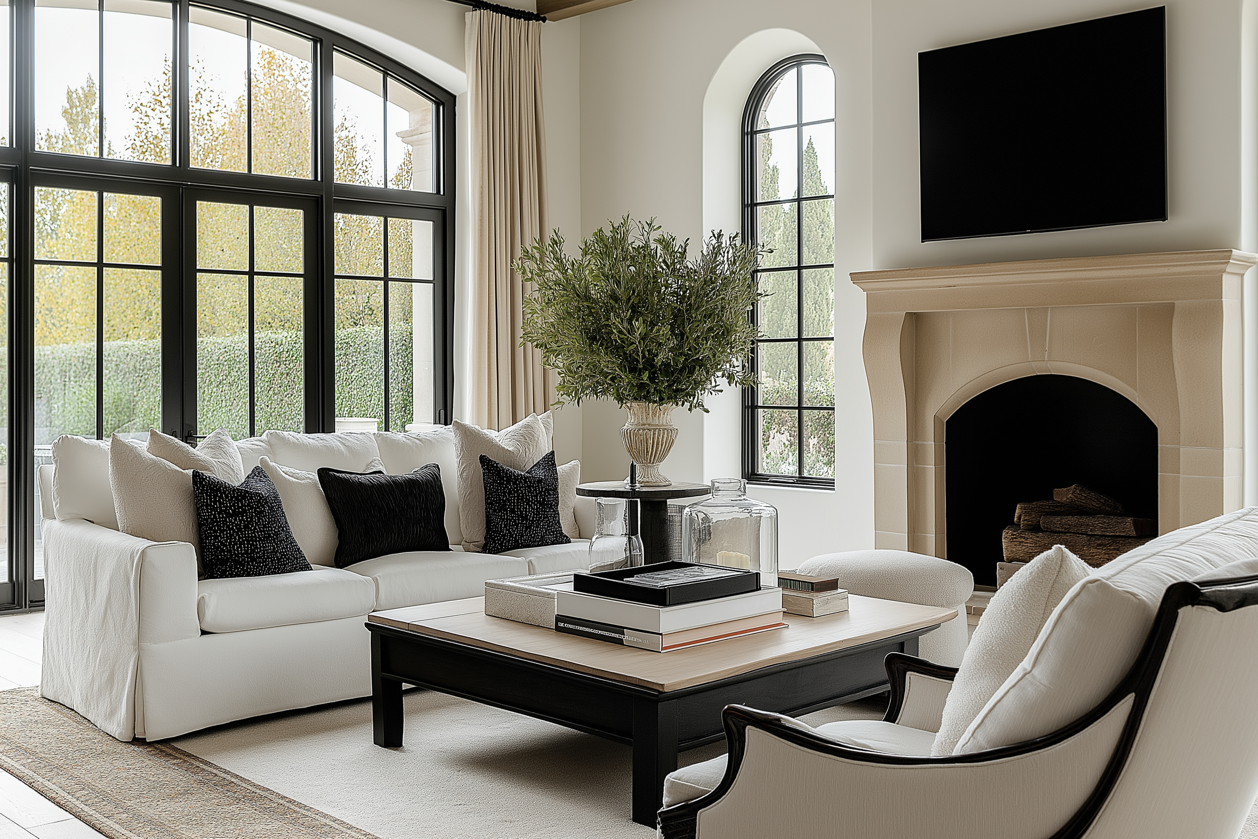 High-ceiling barndominium interior with elegant stonework and expansive black-framed windows.