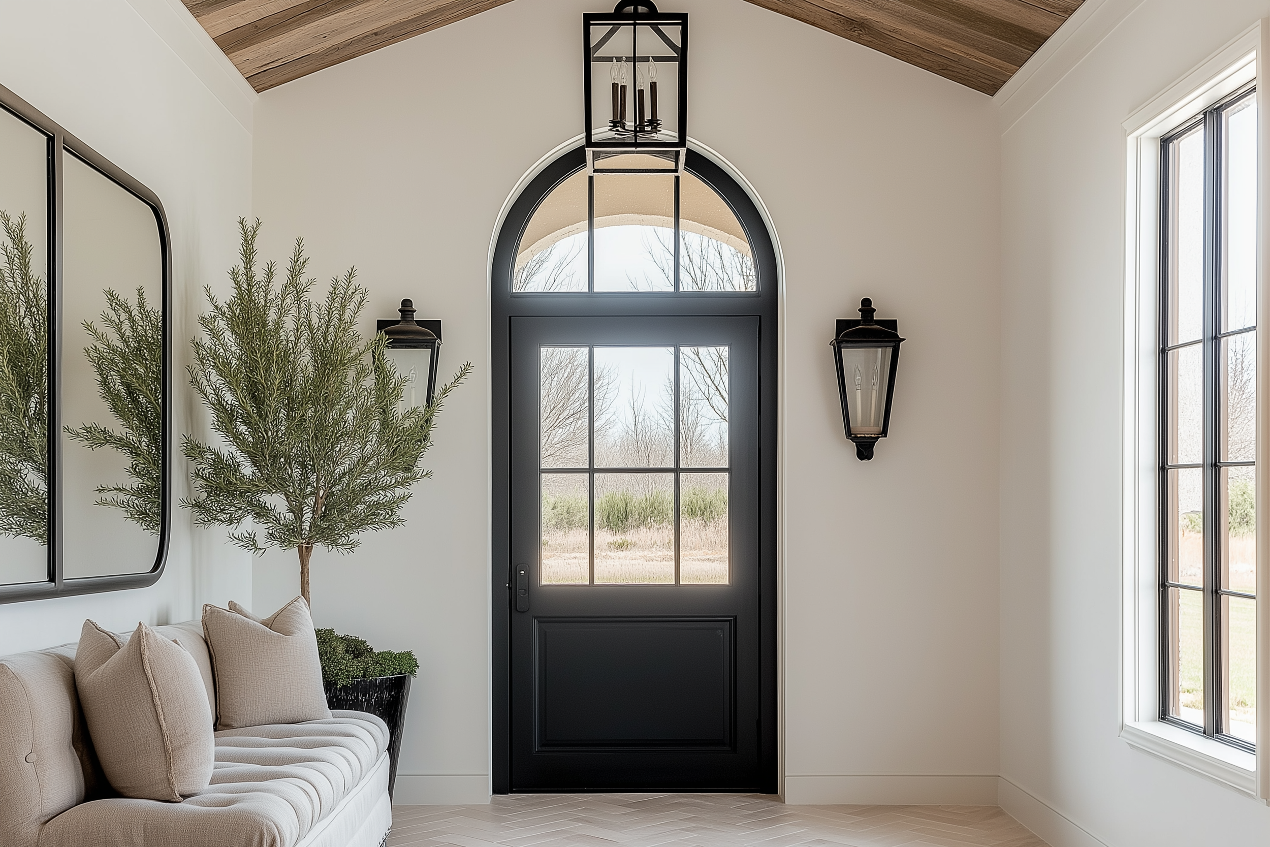 Stylish barndominium entryway with large black-framed windows, sleek lighting, and natural textures for a welcoming atmosphere.