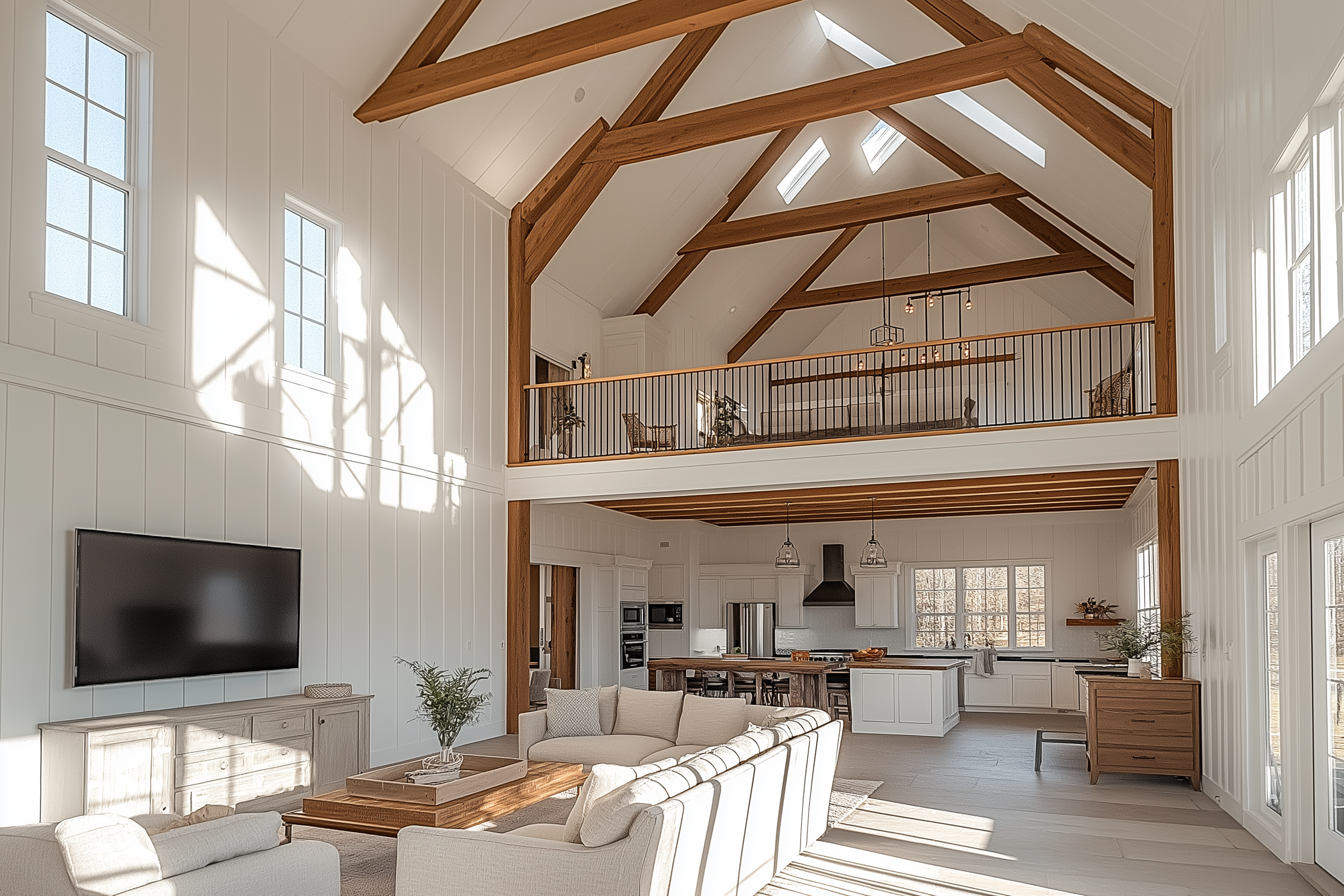 Modern barndominium design featuring a spacious kitchen, living room, and vaulted ceilings.