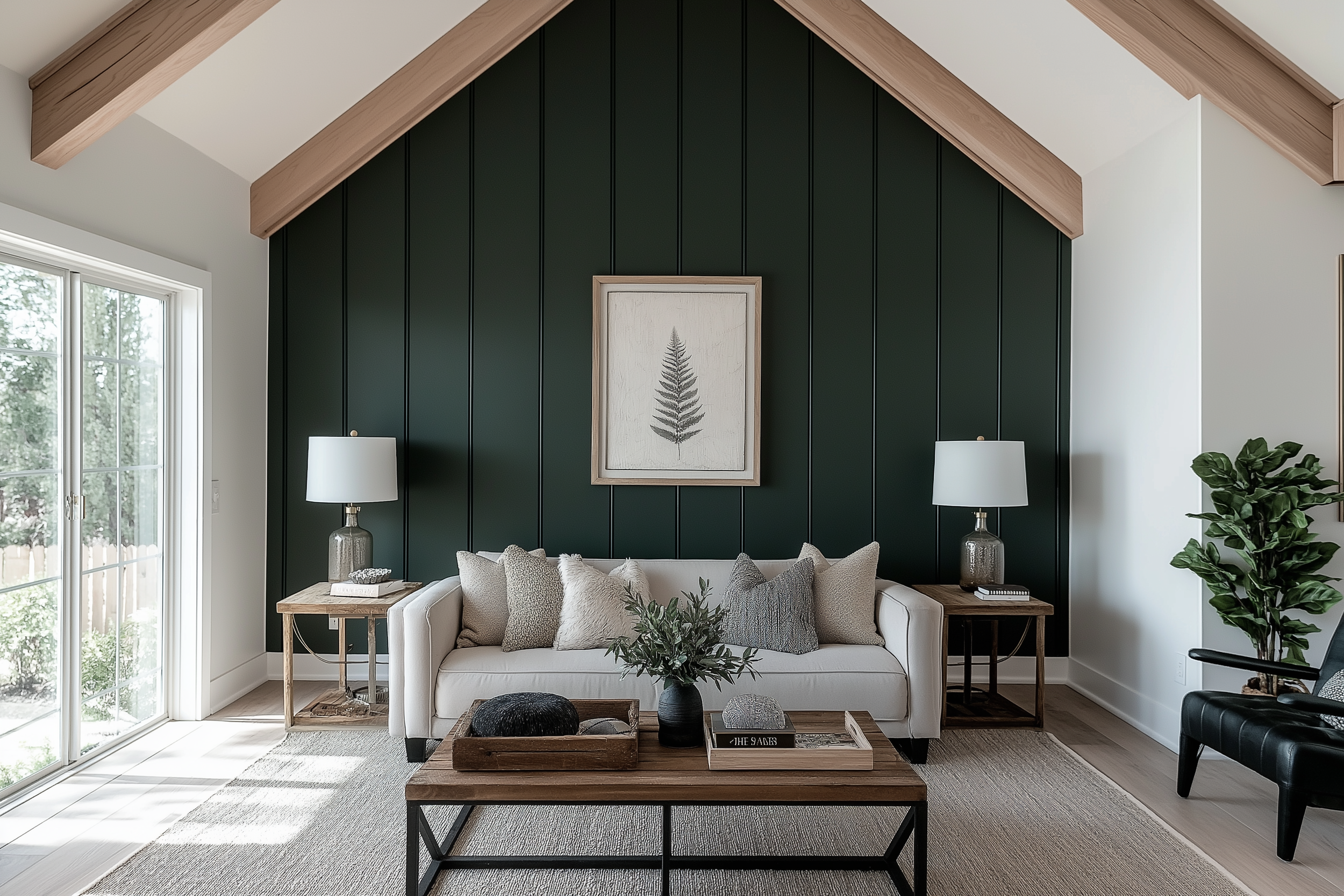 Vaulted living room in a modern barndominium with cozy seating and statement lighting