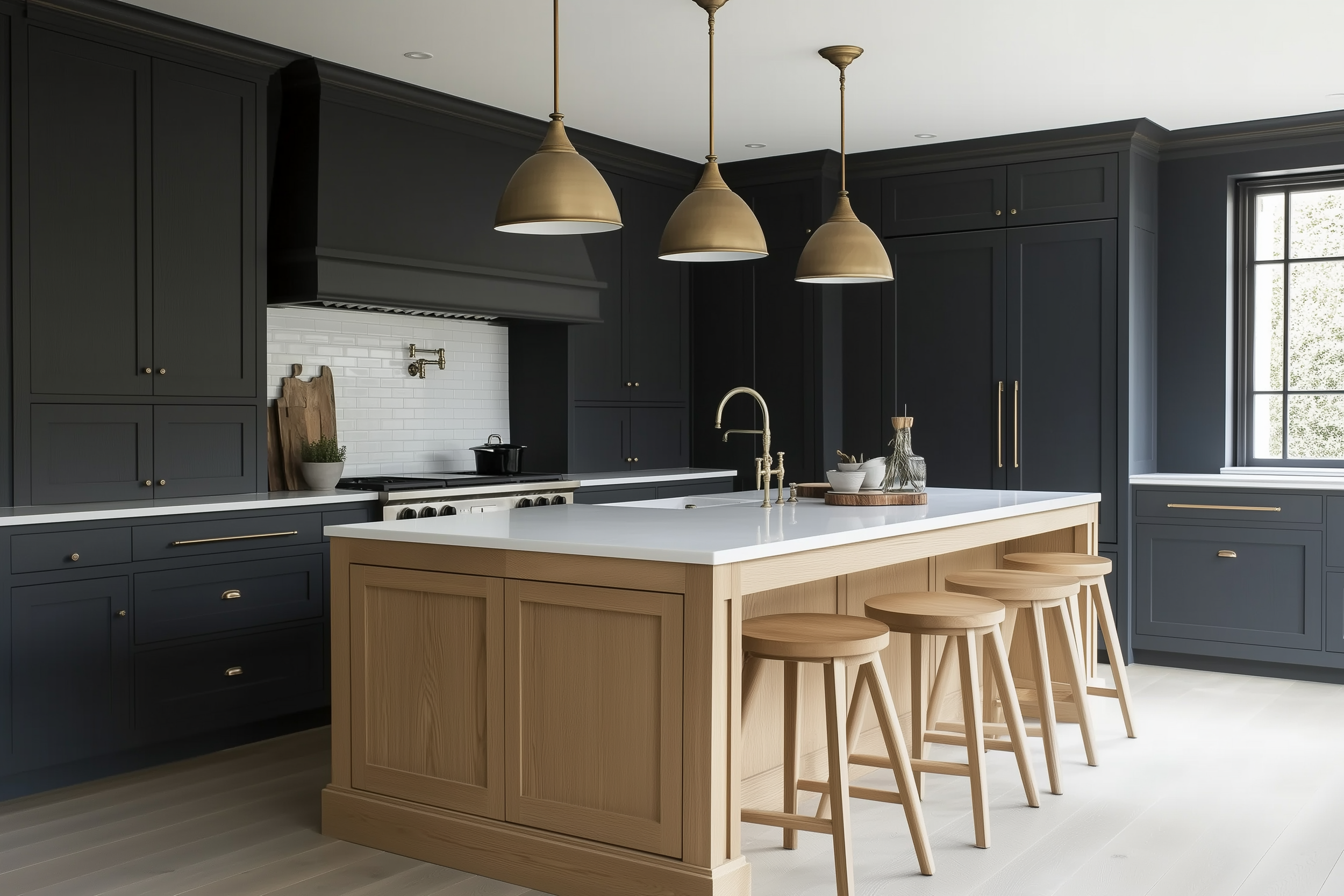 Barndominium kitchen with dark cabinetry and a large wood island under stylish brass lighting.