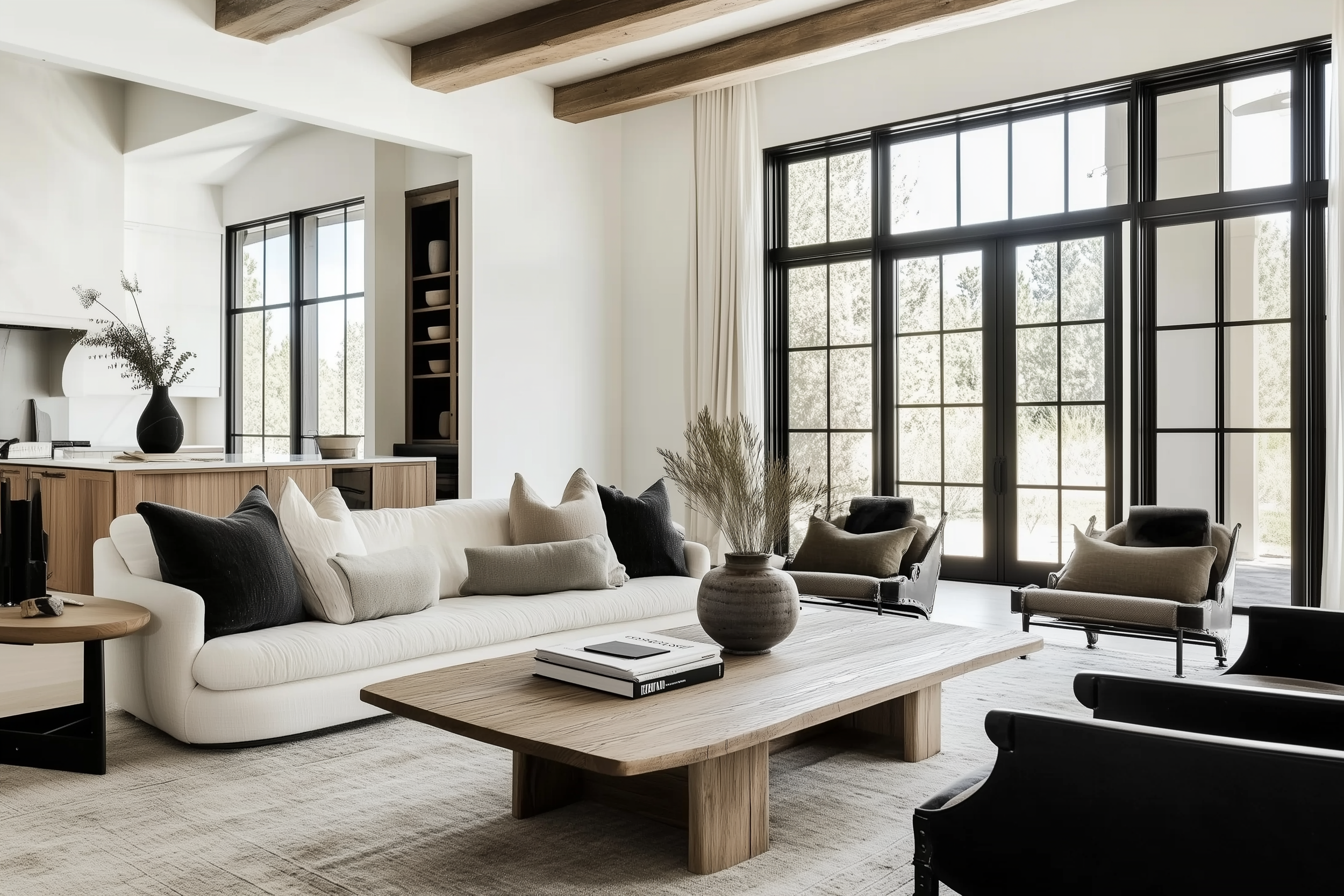 Contemporary living space featuring a plush cream sofa, wood coffee table, and tall windows.