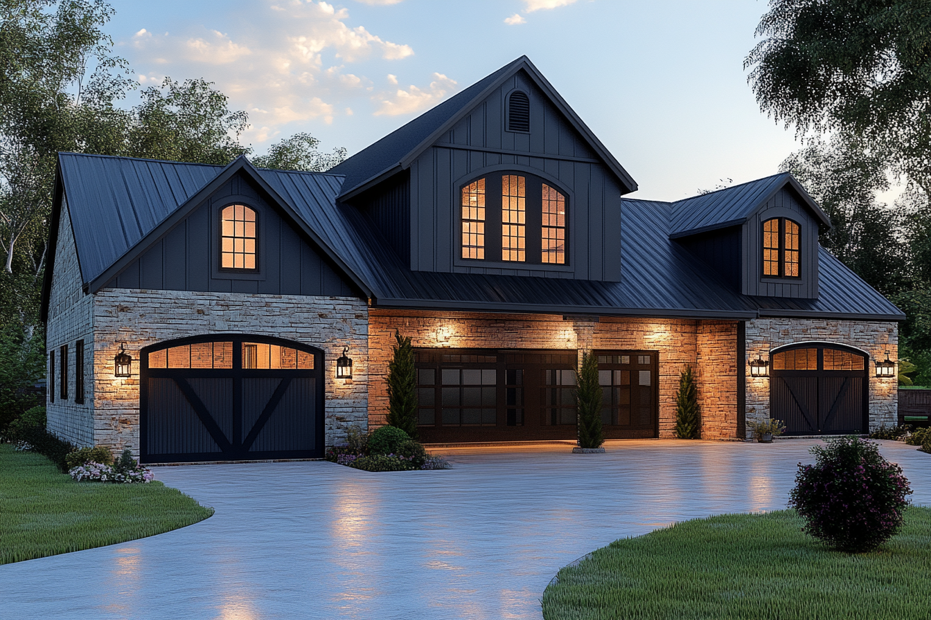 Modern barndominium exterior with stone and black accents illuminated at sunset.