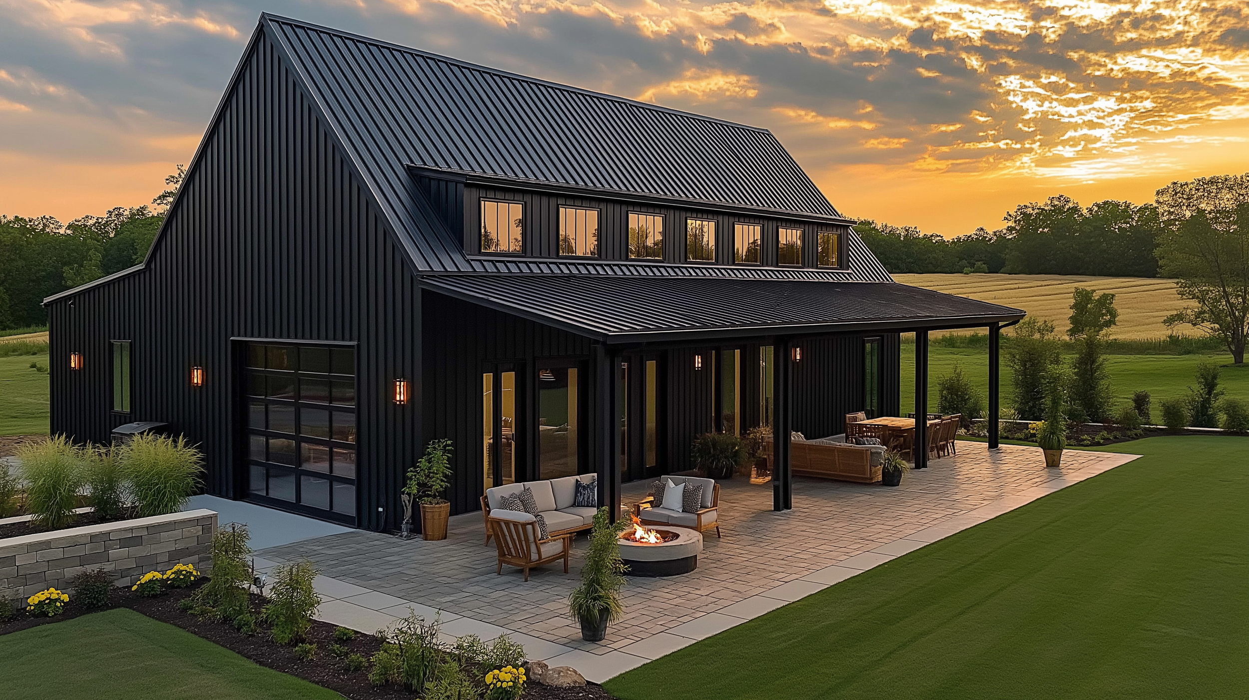 Barndominium ideas exterior with black metal roofing, a stylish patio setup, and scenic countryside views at sunset.