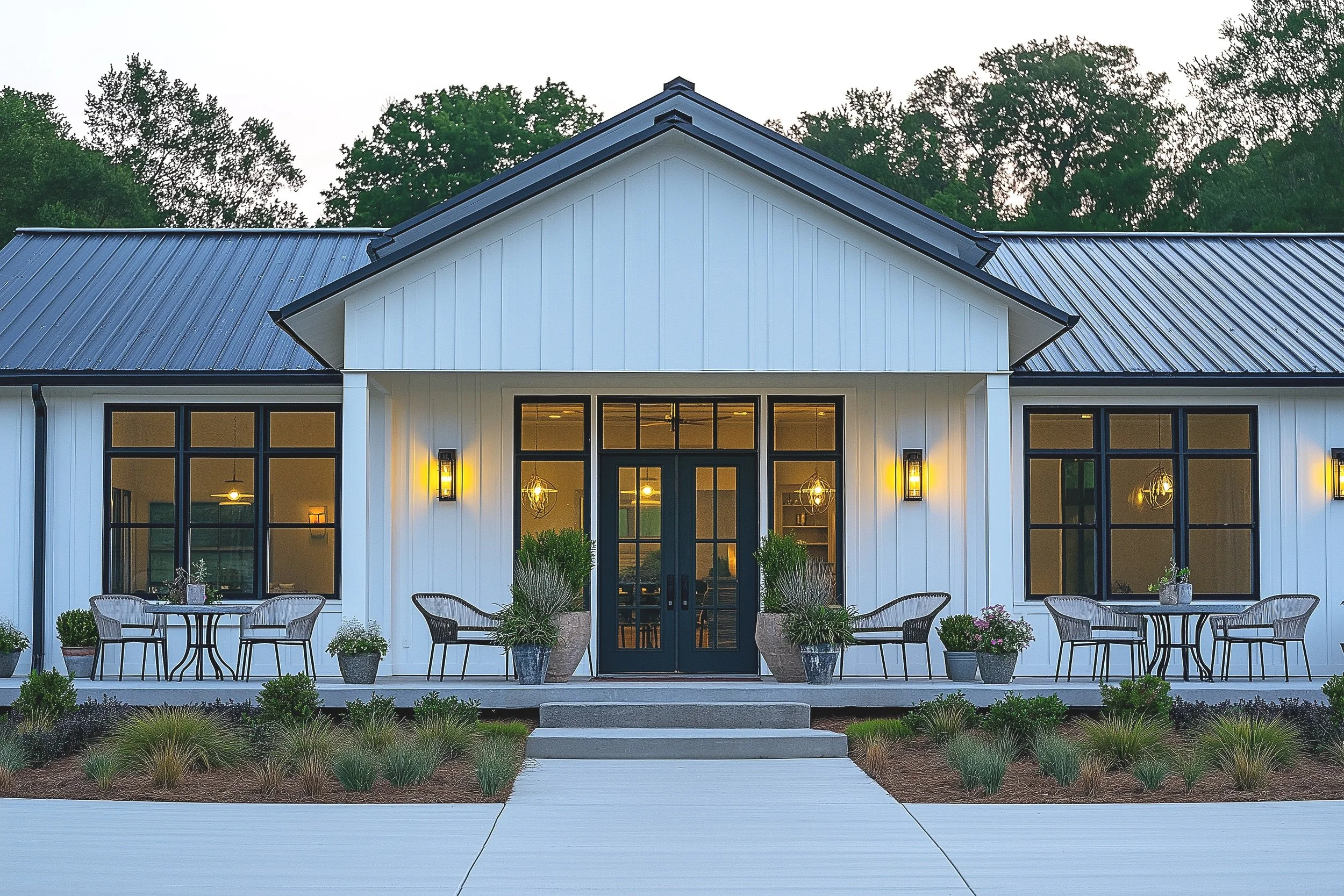 Modern barndominium exterior with white board-and-batten siding, black-framed windows, and inviting patio seating.