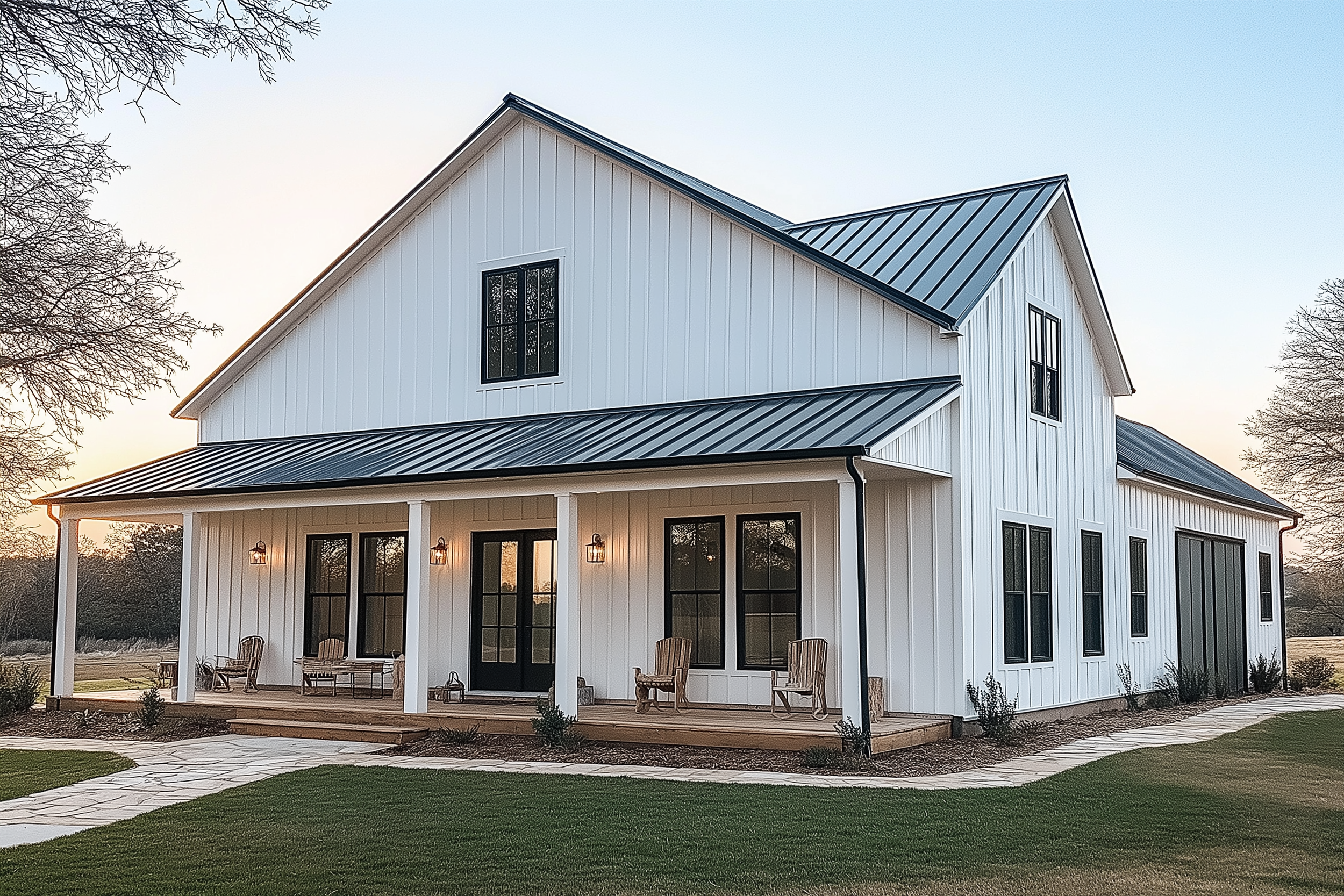 Spacious white barndominium with a classic front porch, perfect for sunset views and outdoor relaxation.