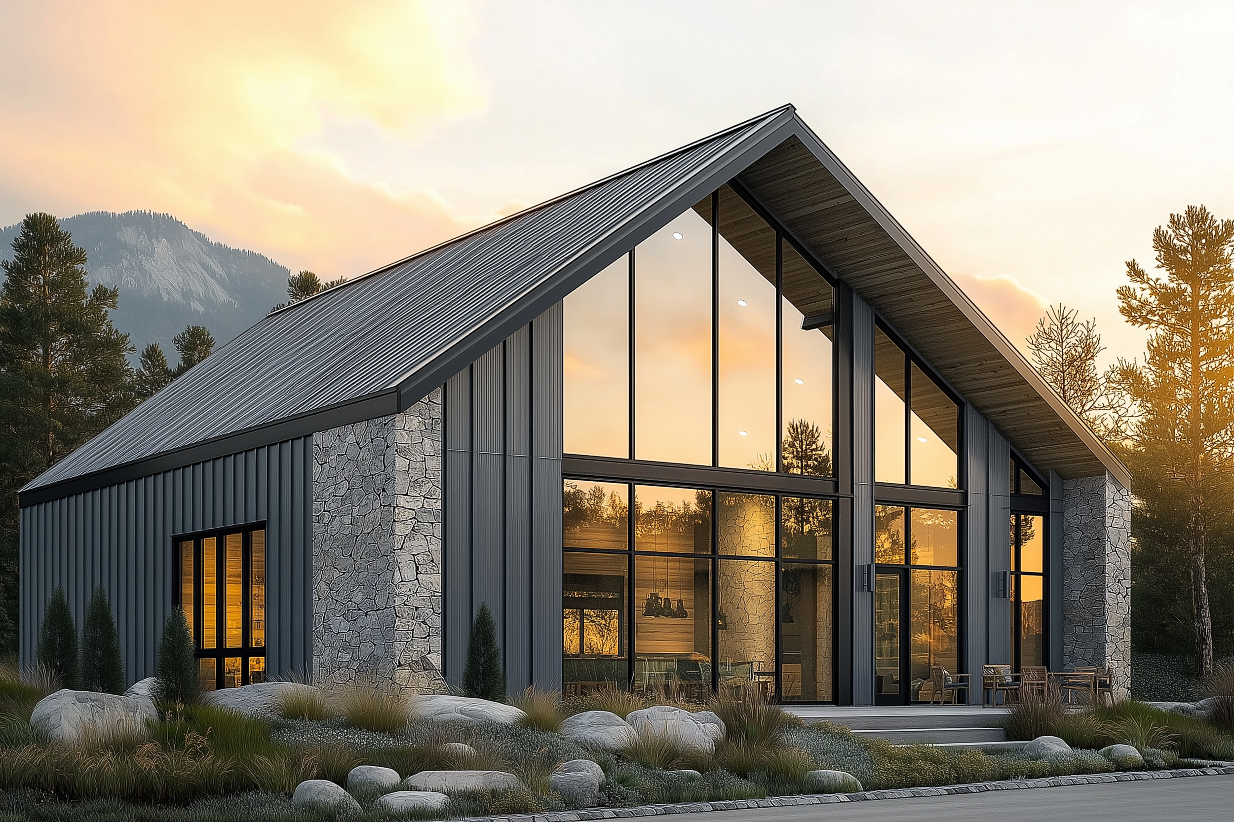 Modern barndominium exterior with floor-to-ceiling windows reflecting a stunning sunset, surrounded by natural stone and metal accents.