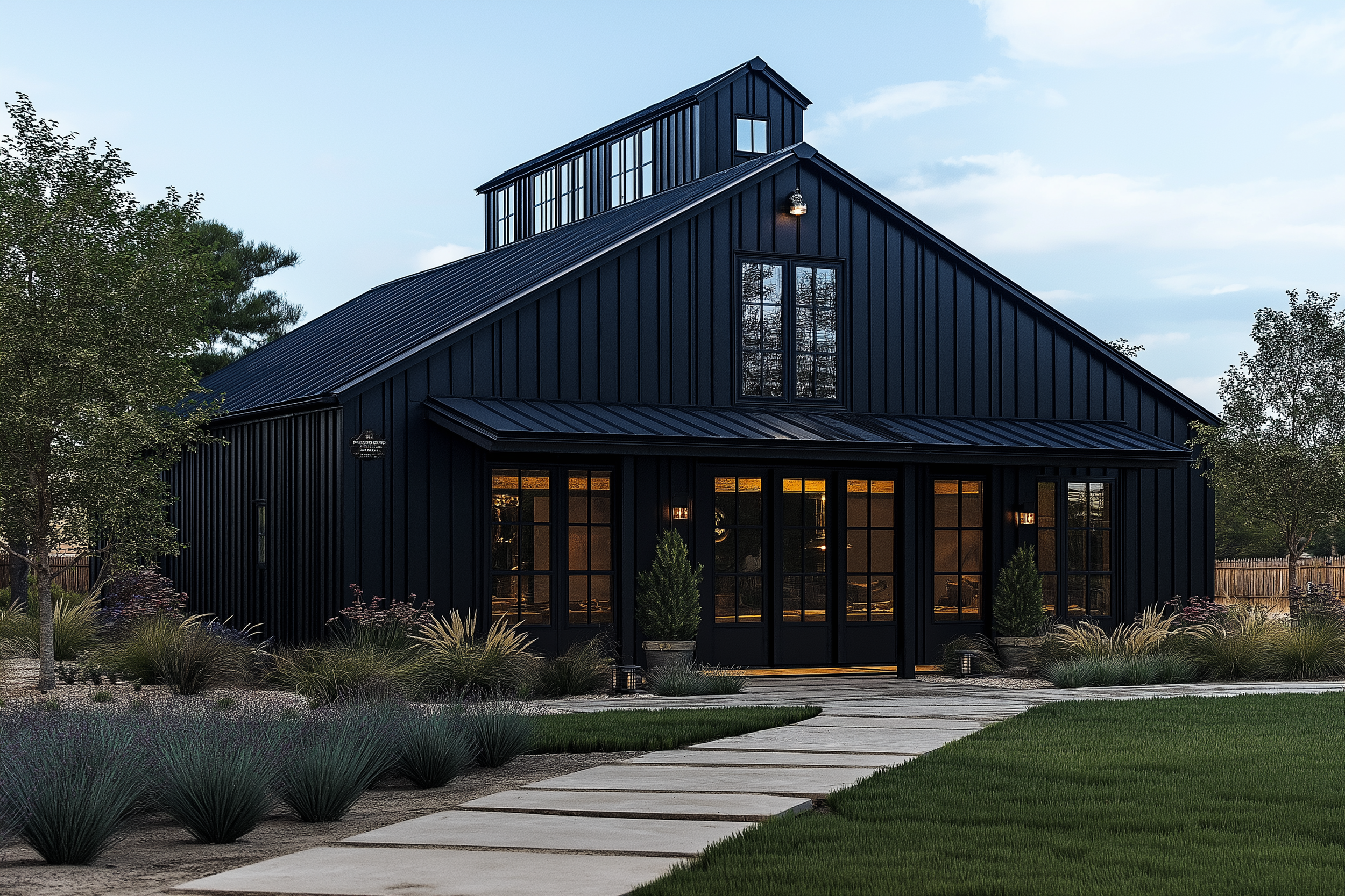 Contemporary barndominium exterior featuring black metal siding, expansive glass windows, and a beautifully designed garden path.