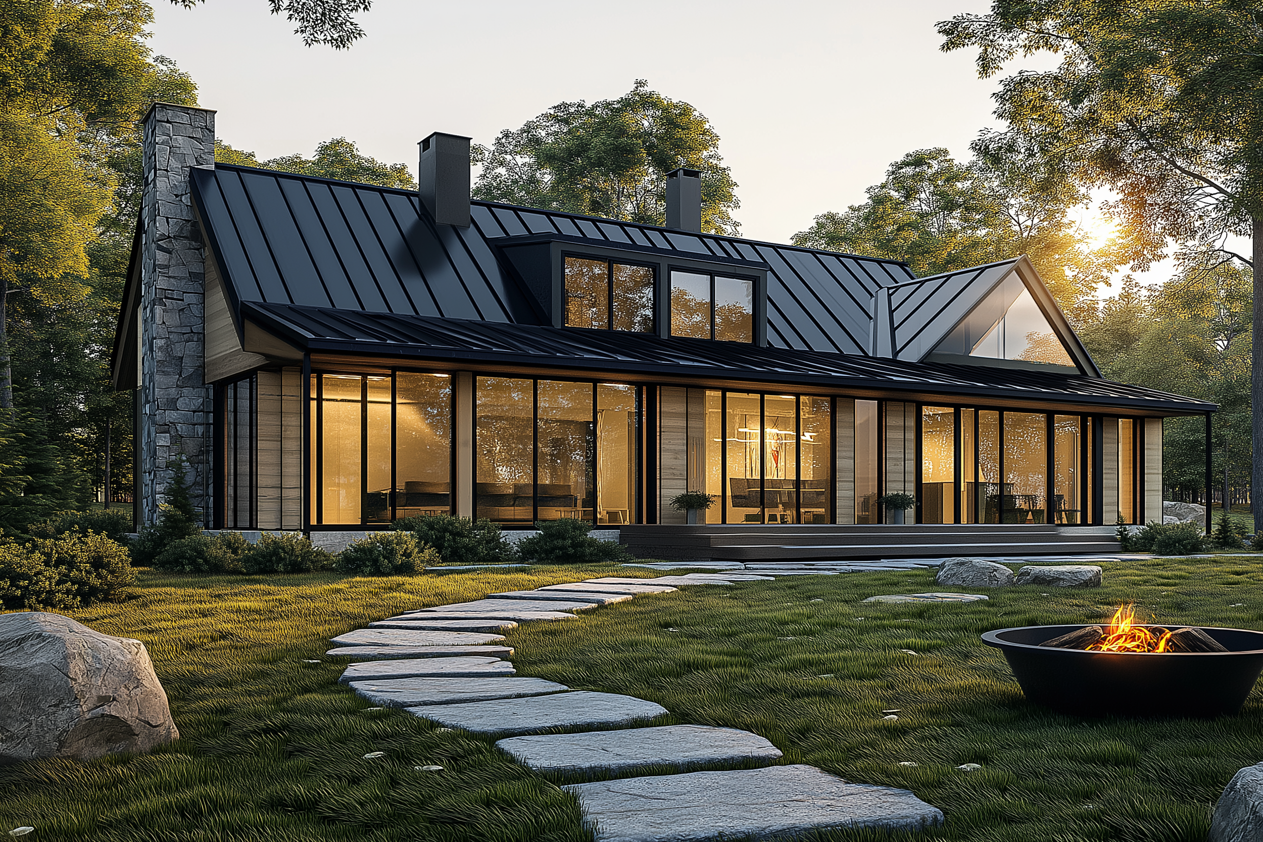 Glass-front barndominium with stone accents, warm interior lighting, and a fire pit centerpiece in the outdoor space.