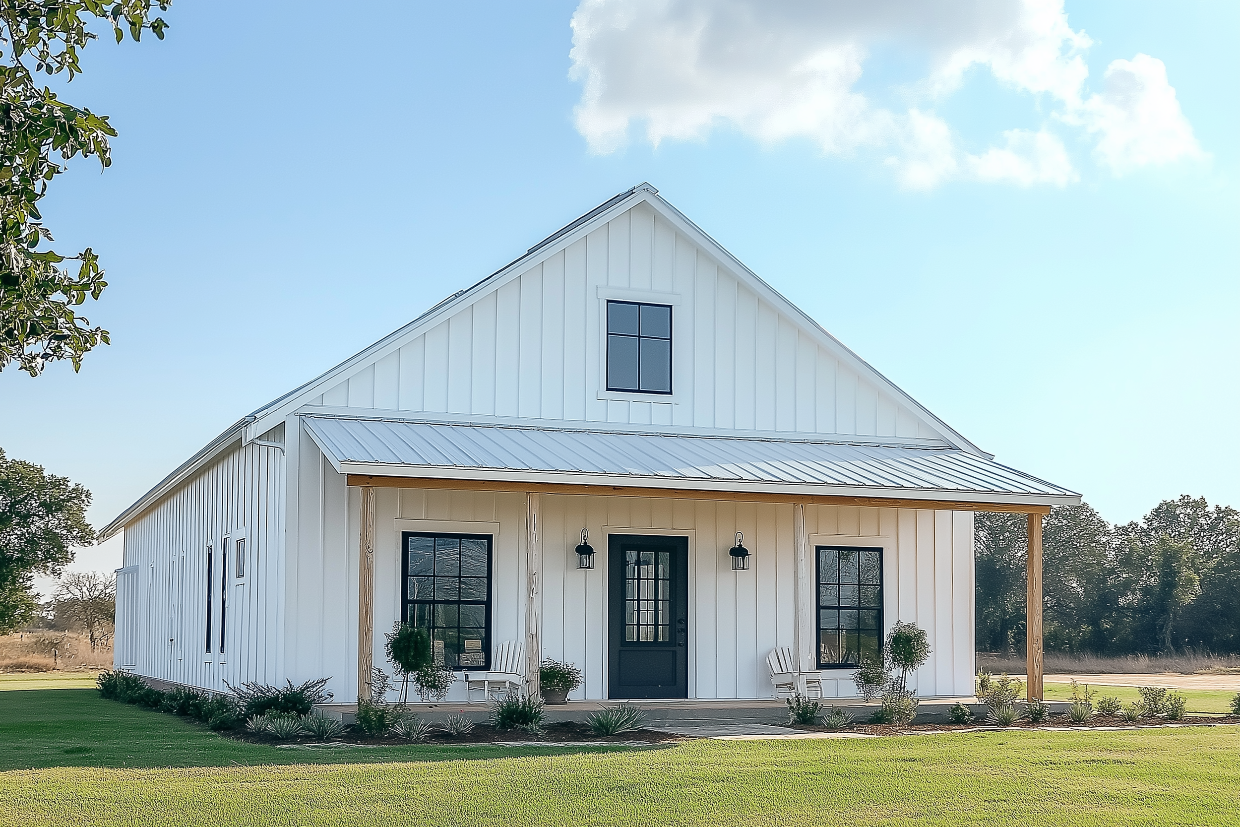 Charming white barndominium with a covered front porch and black accent windows, perfect for country living.