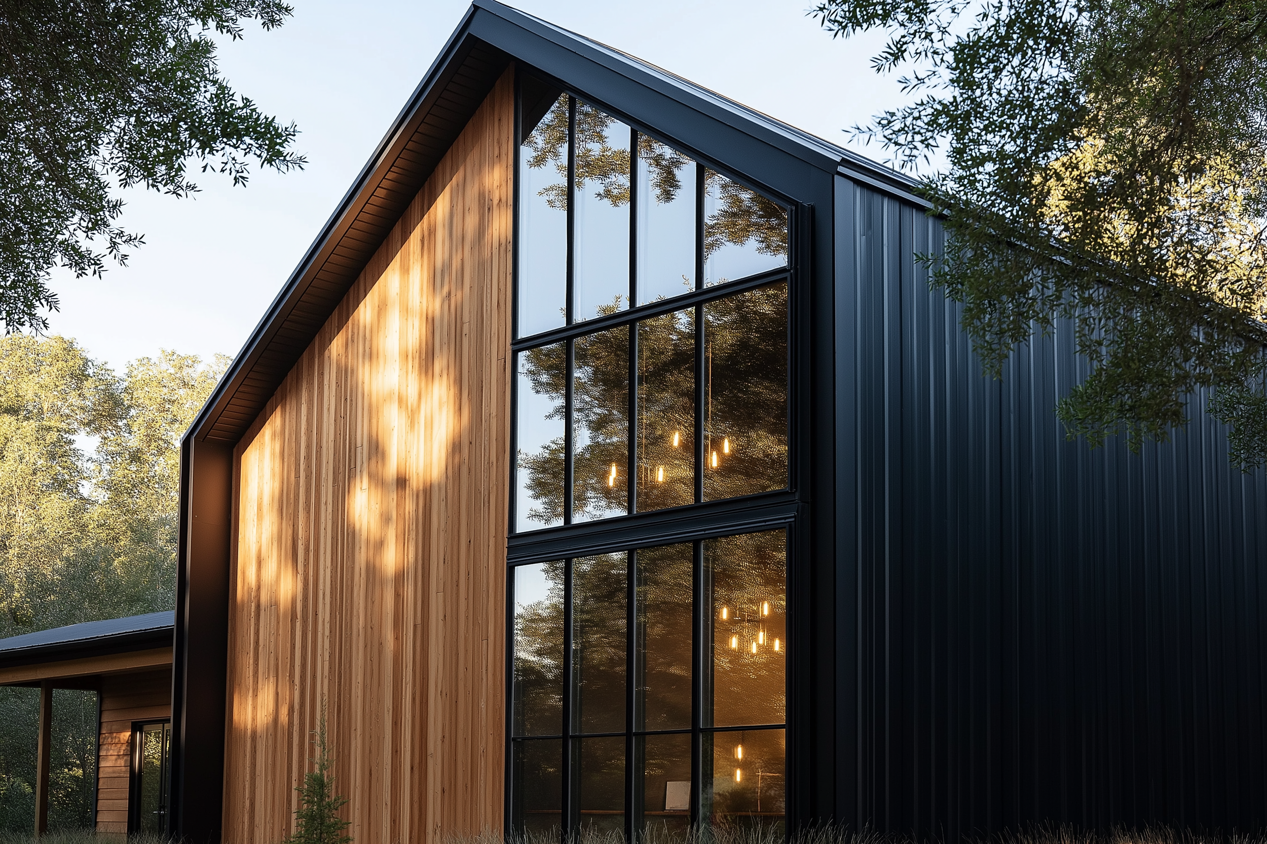 Luxury barndominium exterior featuring tall glass windows and natural wood paneling, reflecting warm ambient lighting.