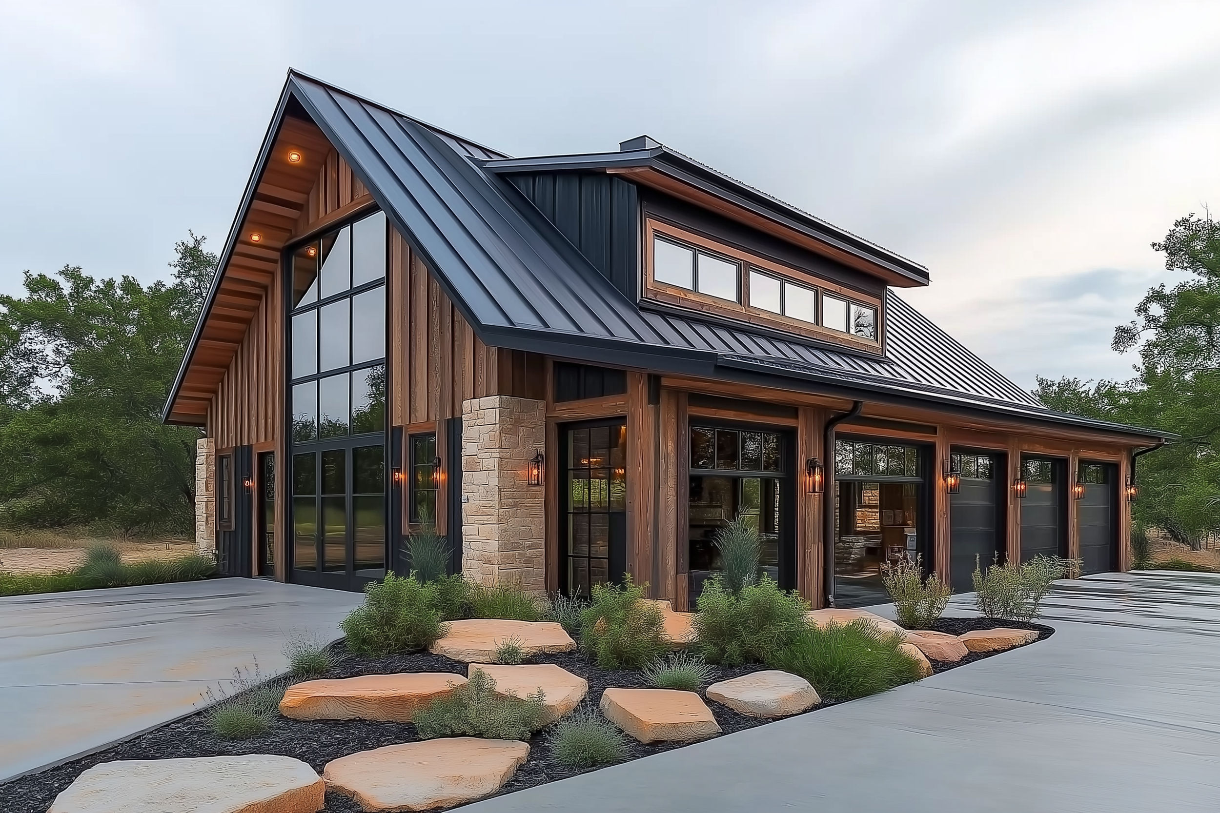 Rustic charm meets modern elegance with this barndominium design showcasing wood siding, glass panels, and stone columns.