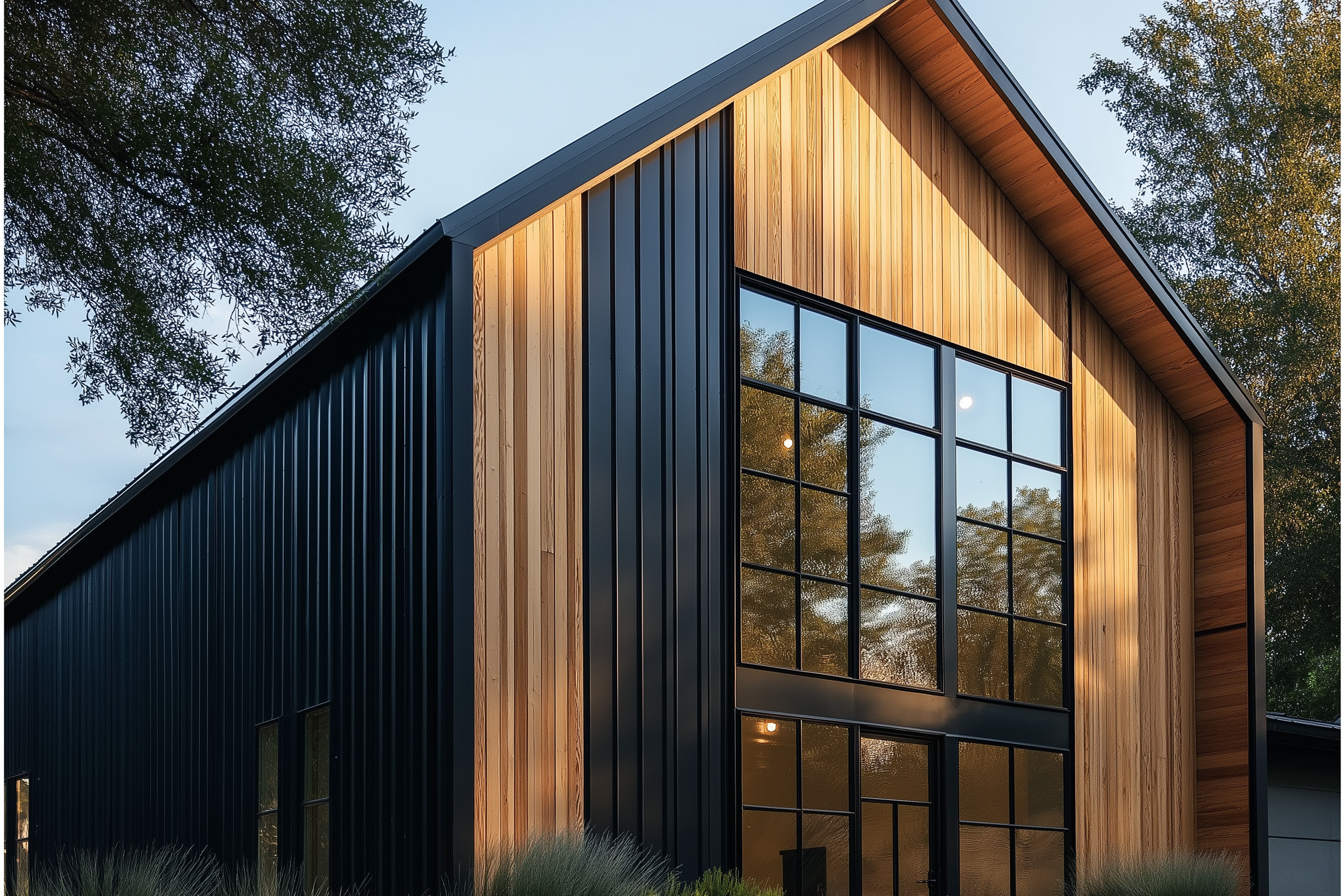 Sleek and rustic barndominium design with tall glass windows and natural wood paneling.